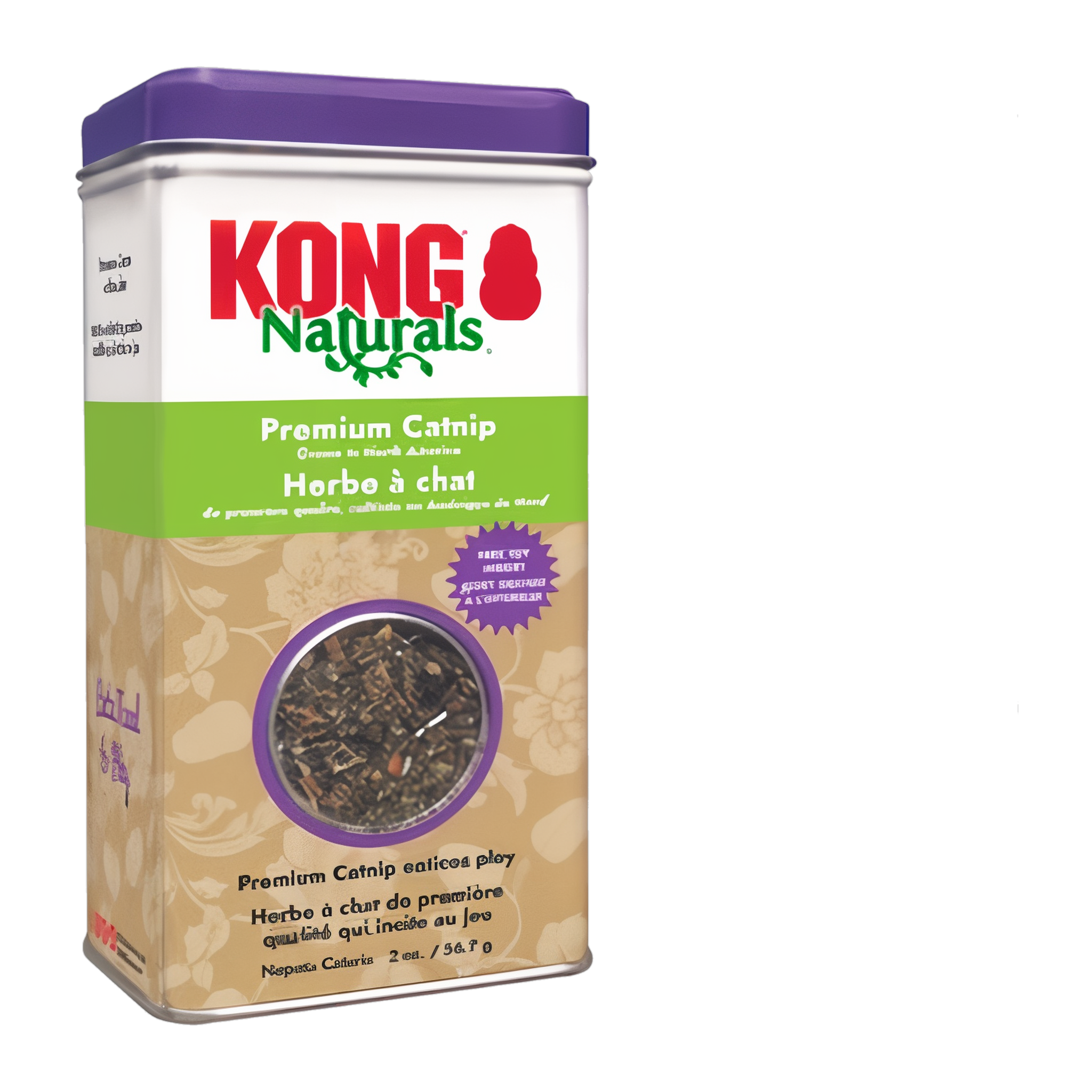 KONG Naturals Premium Catnip tin with bilingual label, angled view