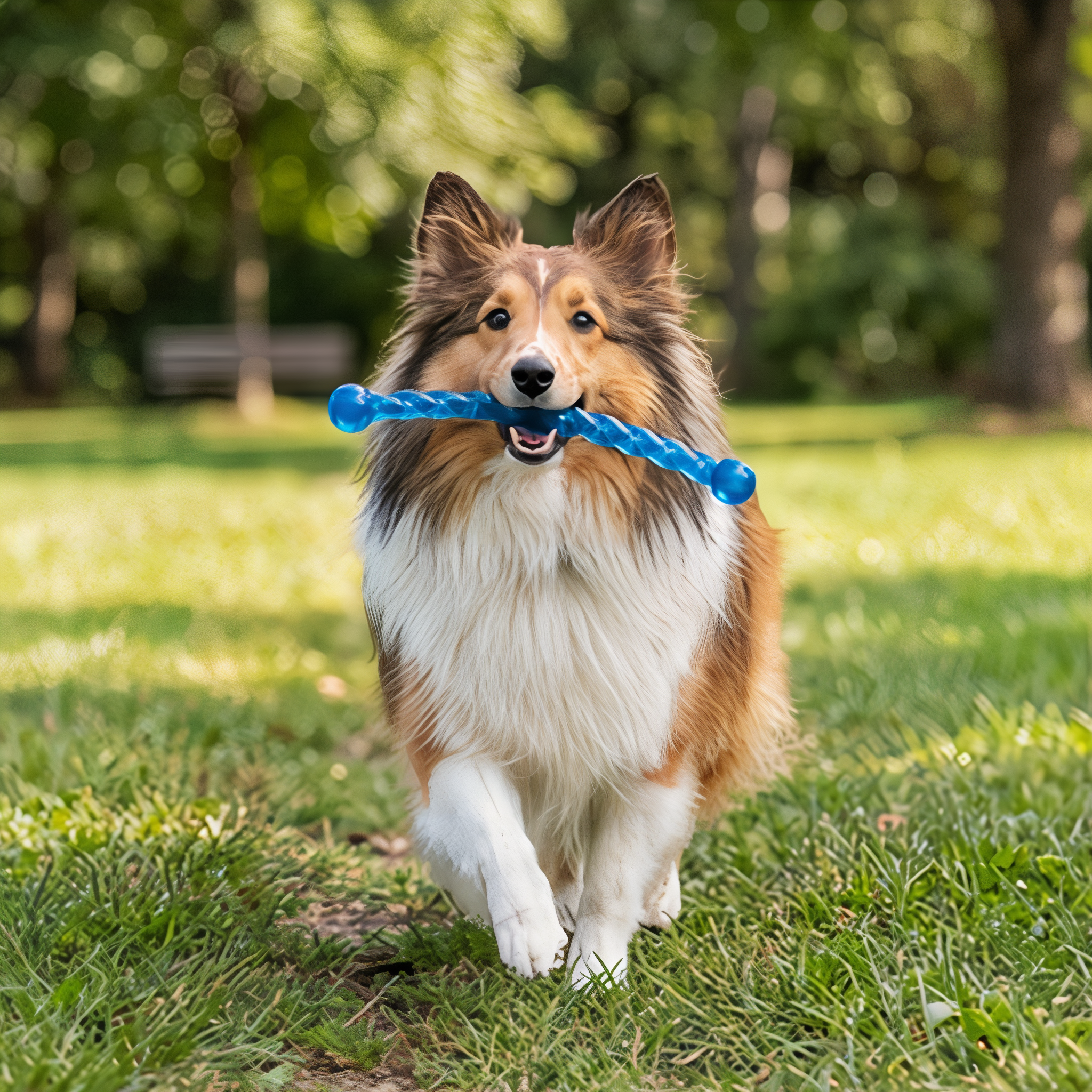 Sheltie carrying a blue KONG SafeStix at the park