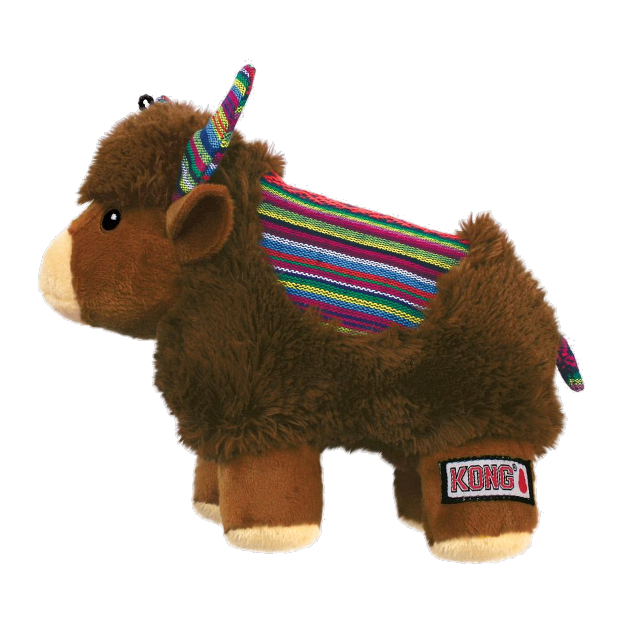 KONG Sherps Yak plush dog toy with woven serape saddle and striped horns