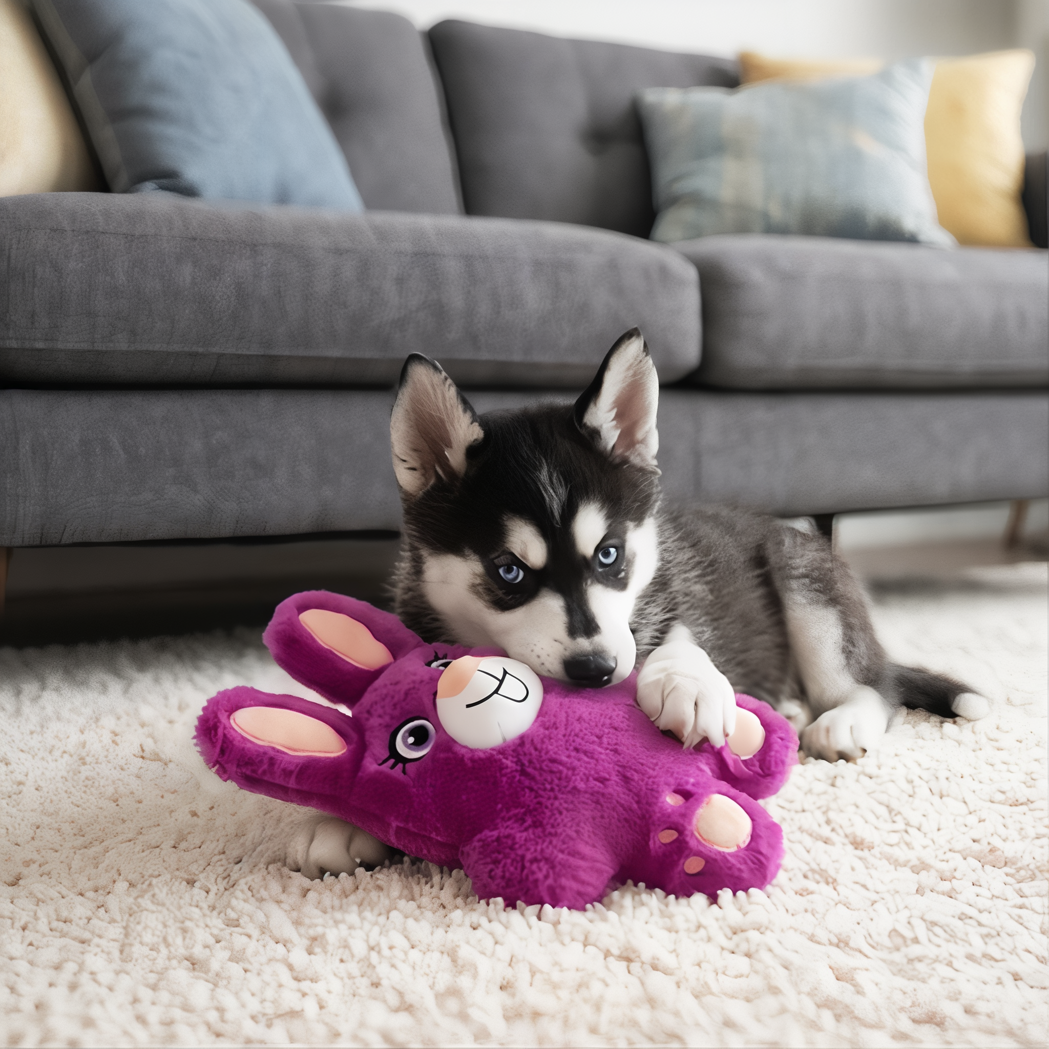 Husky puppy snuggling the KONG Snuzzles Bunny dog toy