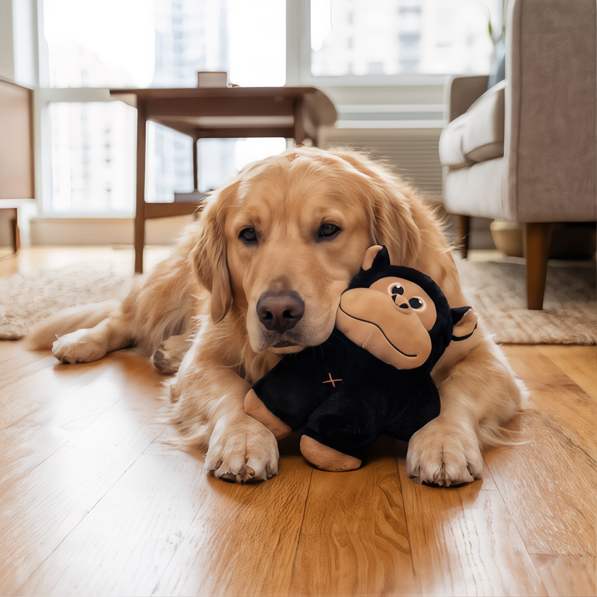 Golden Retriever cuddling the KONG Snuzzles Gorilla plush toy