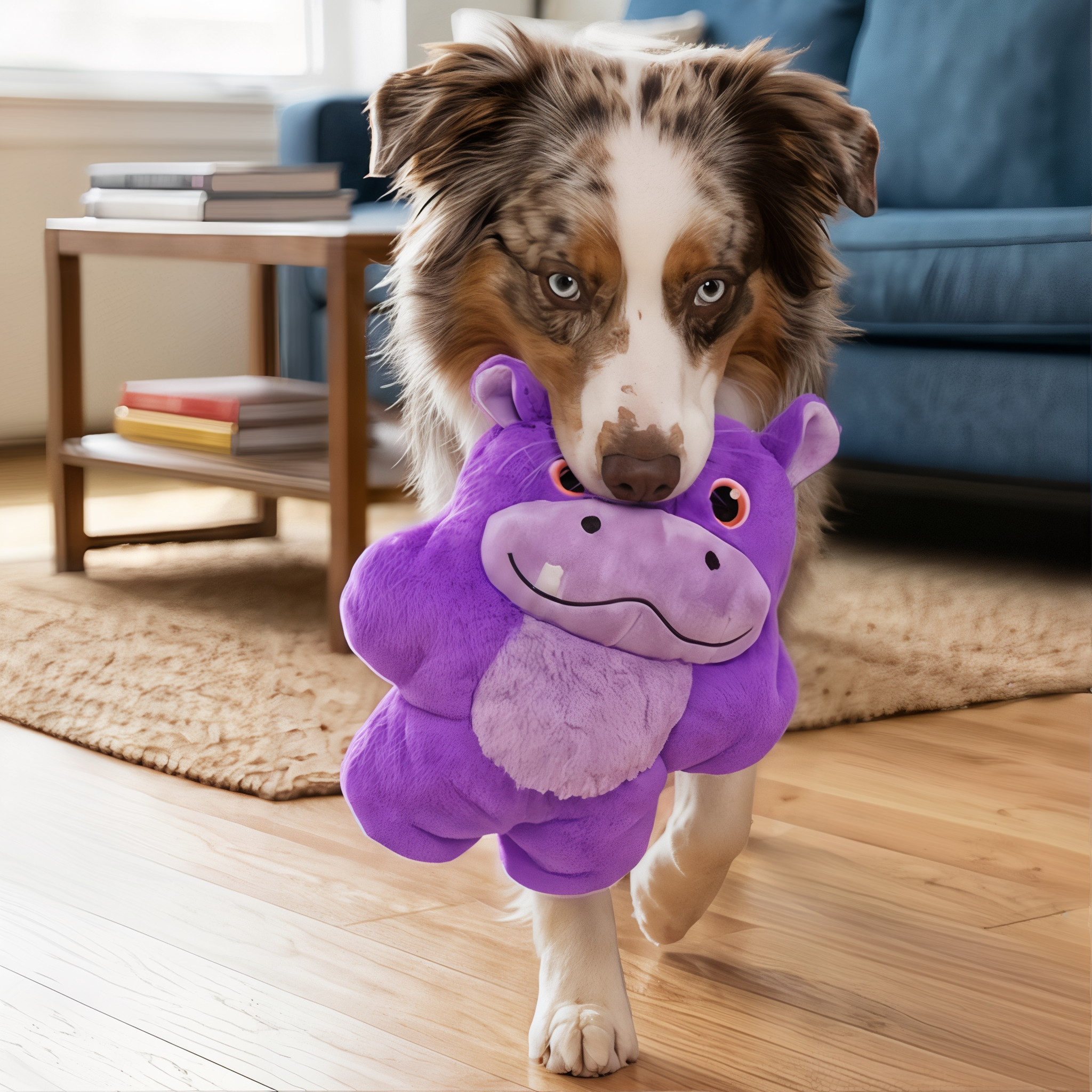 Australian Shepherd carrying the KONG Snuzzles Hippo plush dog toy indoors