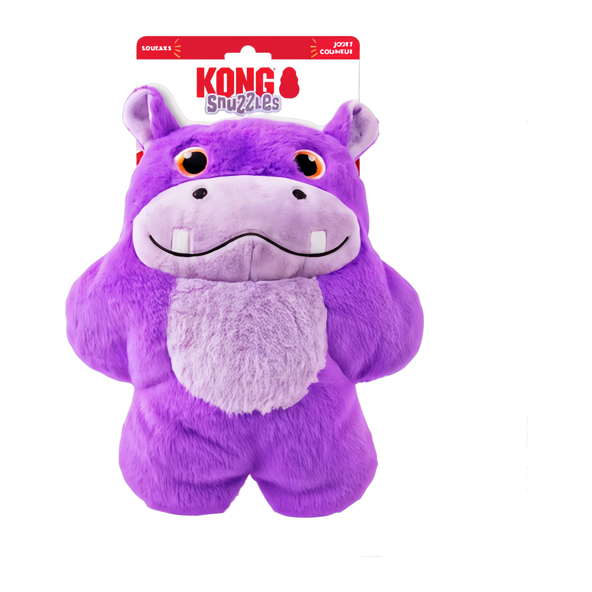 KONG Snuzzles Hippo dog toy in retail packaging with squeaker callout