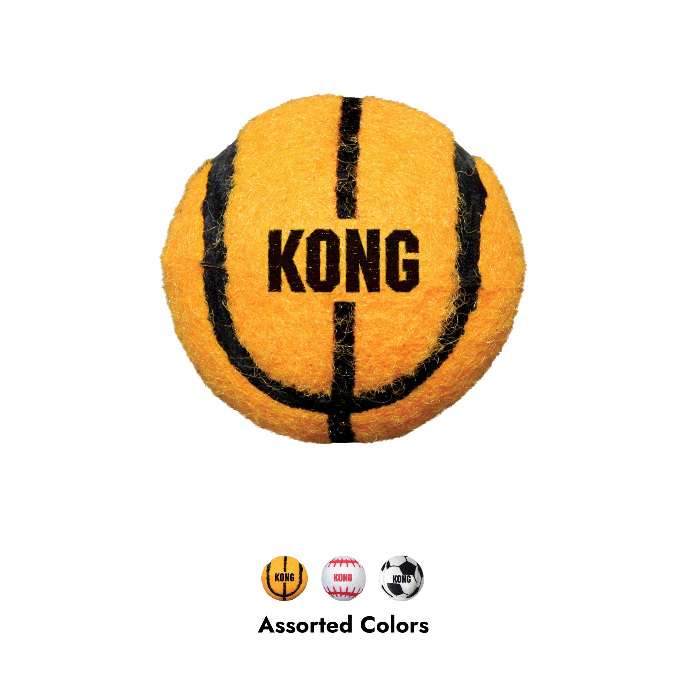 KONG Sport Balls come in assorted basketball, baseball and soccer designs