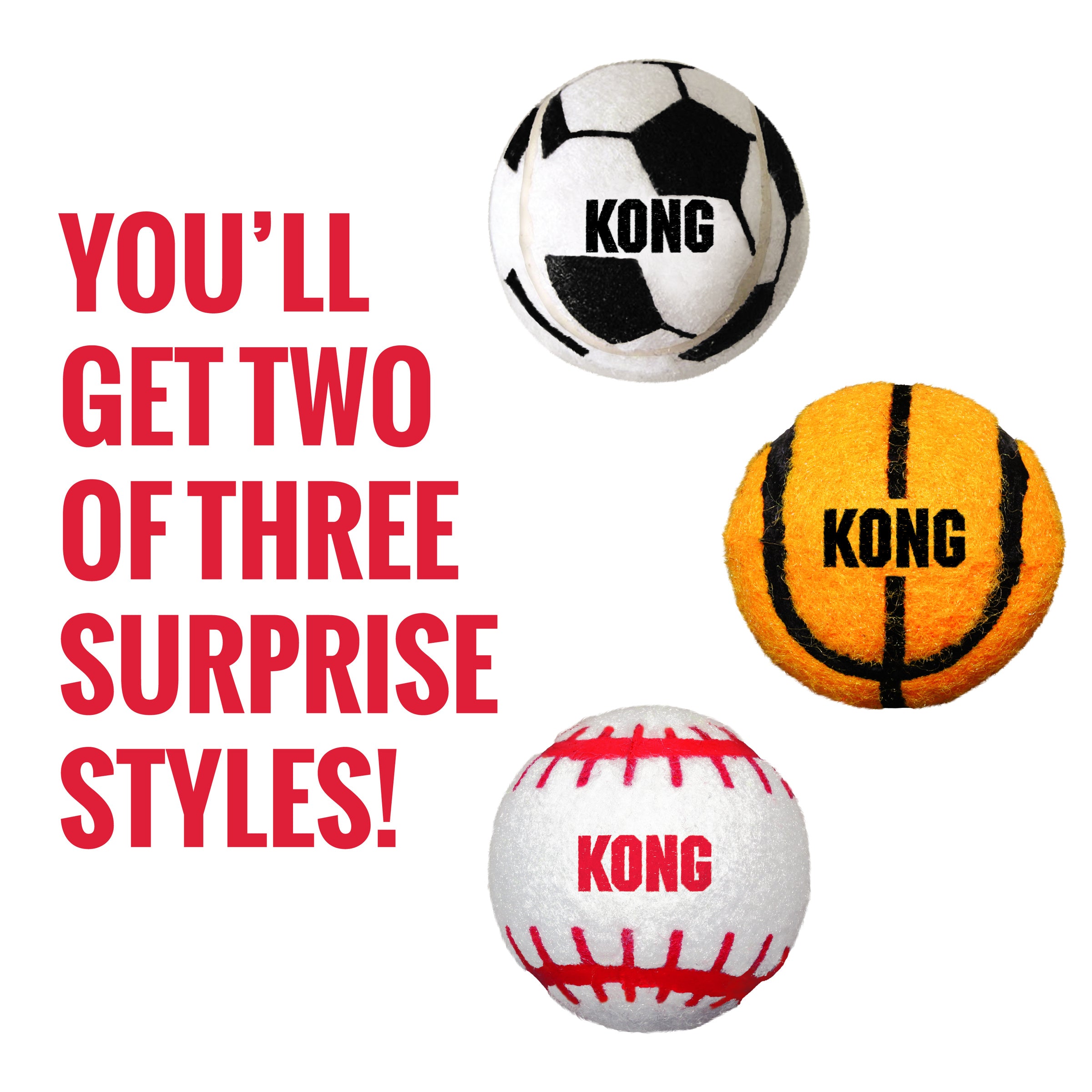 Every KONG Sport Balls pack includes a surprise mix of sport styles