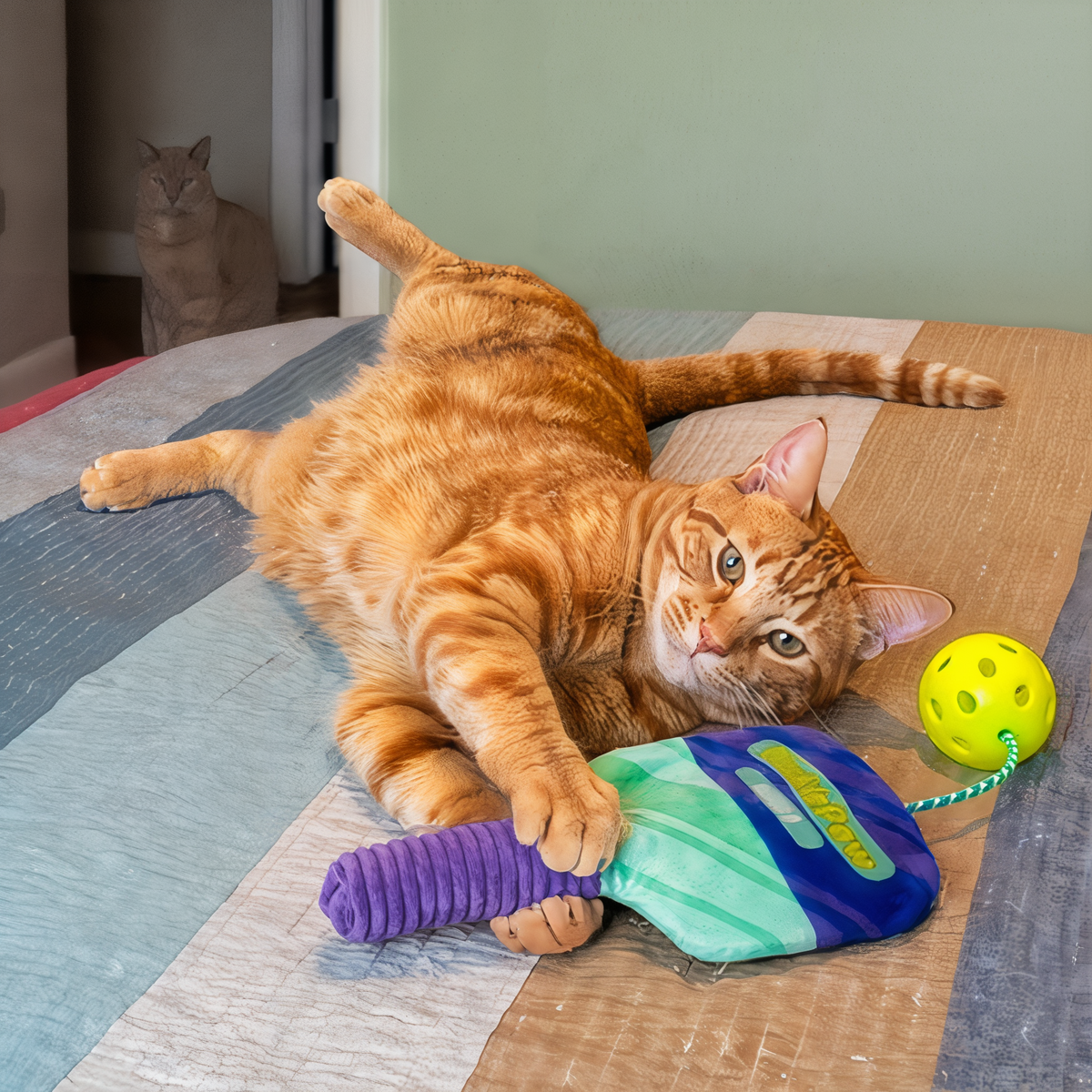 Orange cat wrestling and kicking the KONG Sport PicklePaw on a bed