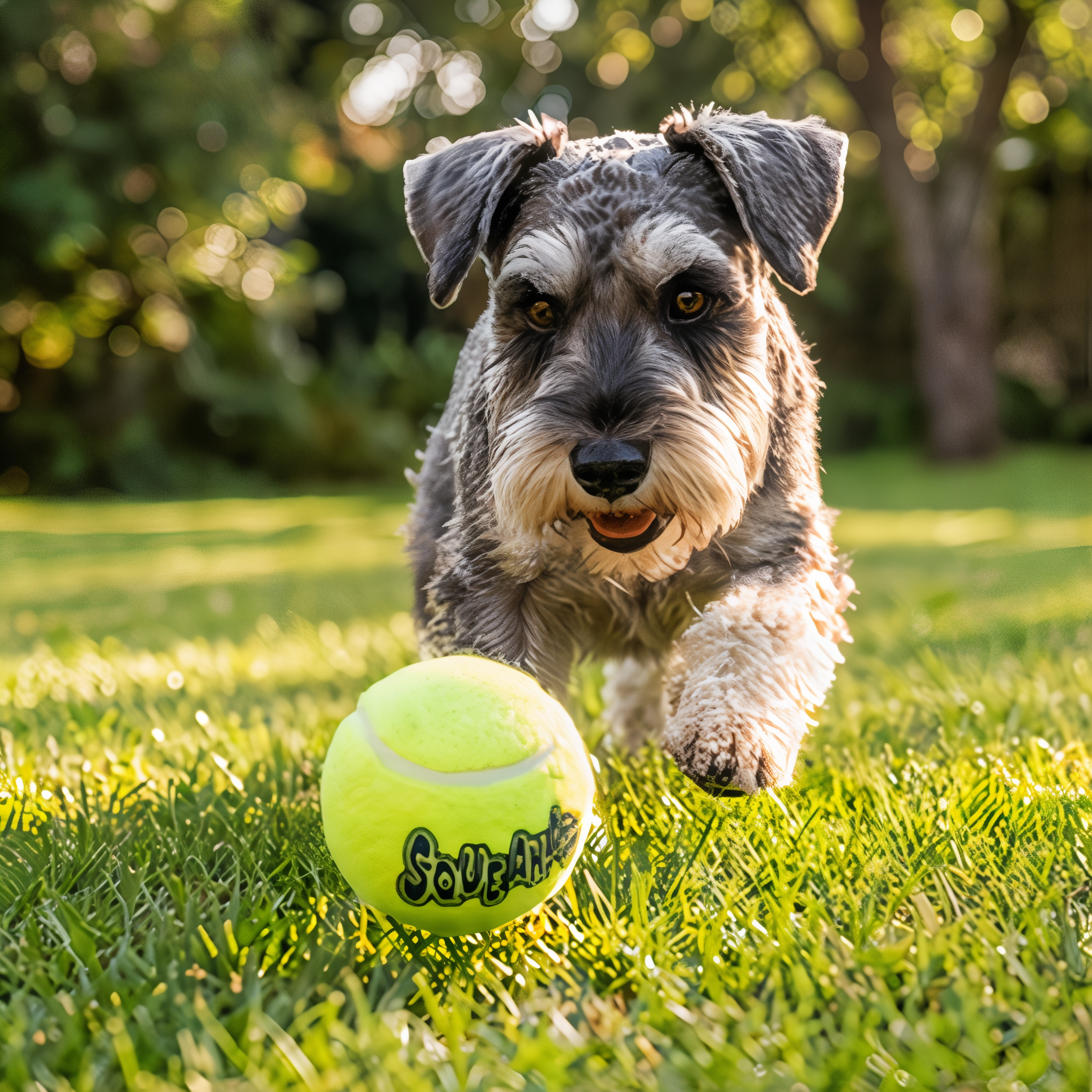Miniature Schnauzer chasing a KONG SqueakAir Ball across the lawn
