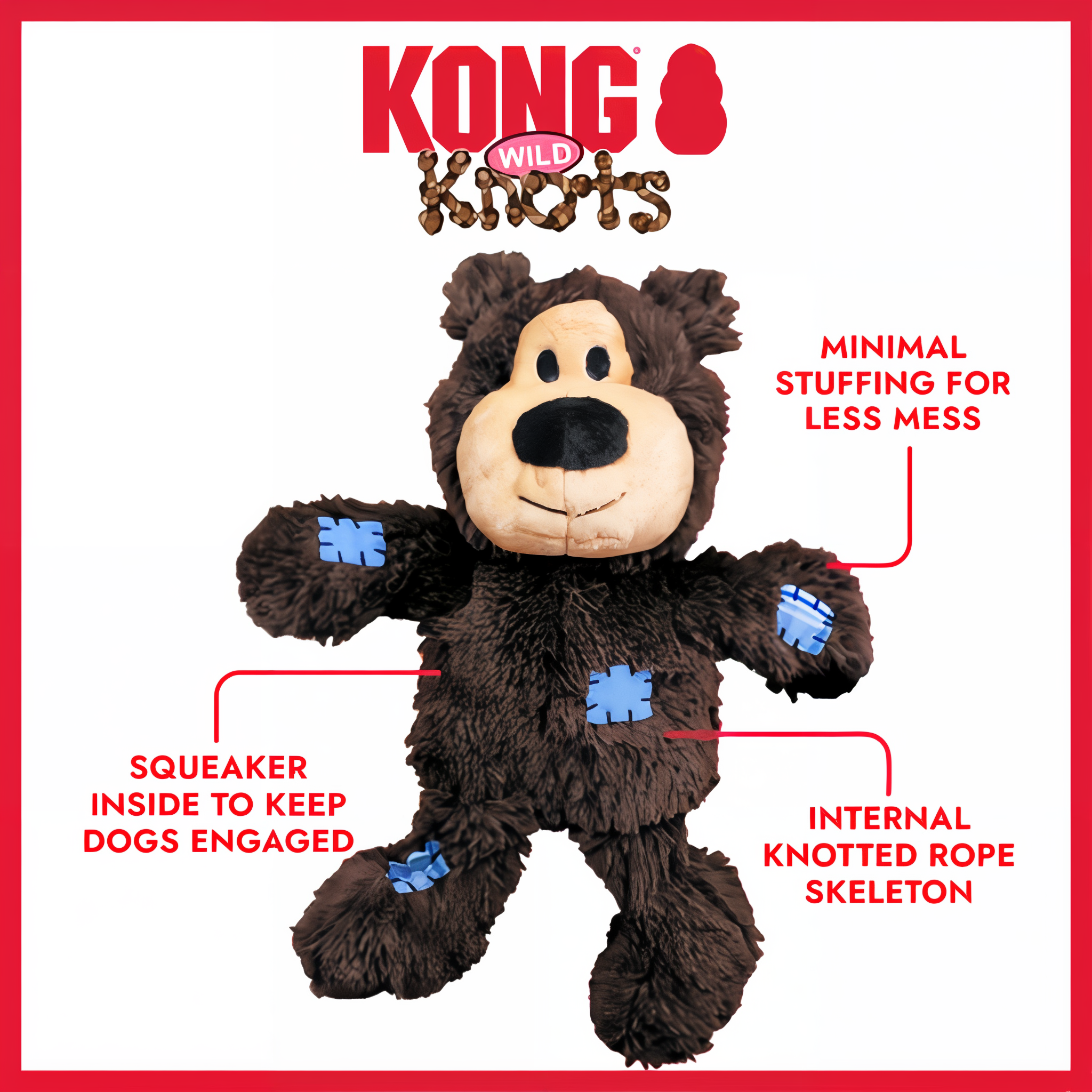KONG Wild Knots Bear feature callouts: minimal stuffing, squeaker and internal knotted rope skeleton