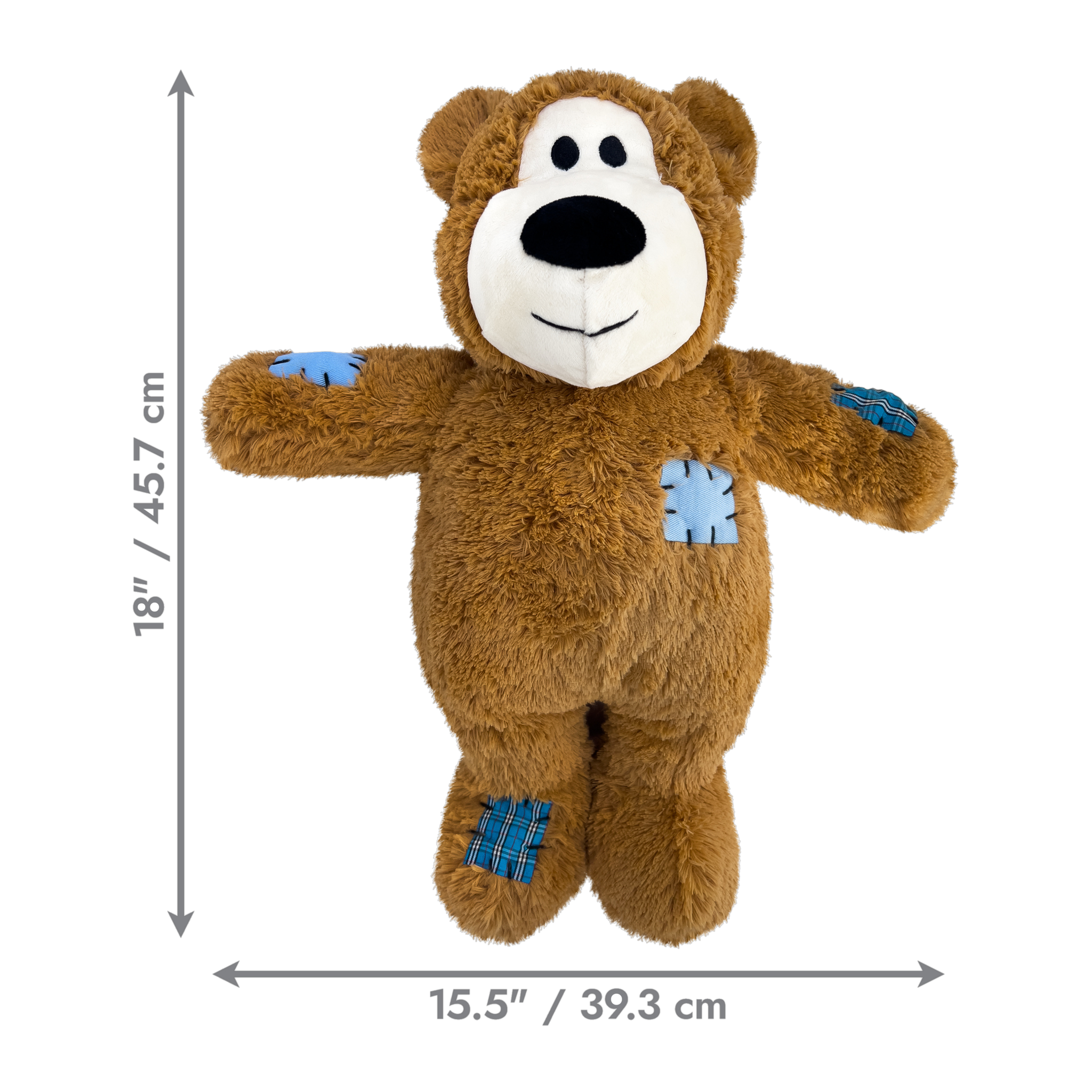 KONG Wild Knots Bear Jumbo size diagram, 18 inches tall by 15.5 inches wide