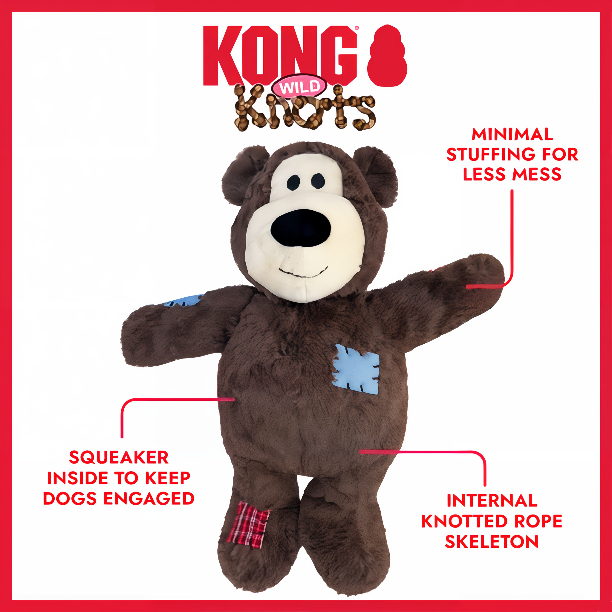 Jumbo KONG Wild Knots Bear feature callouts: minimal stuffing, squeaker and knotted rope skeleton