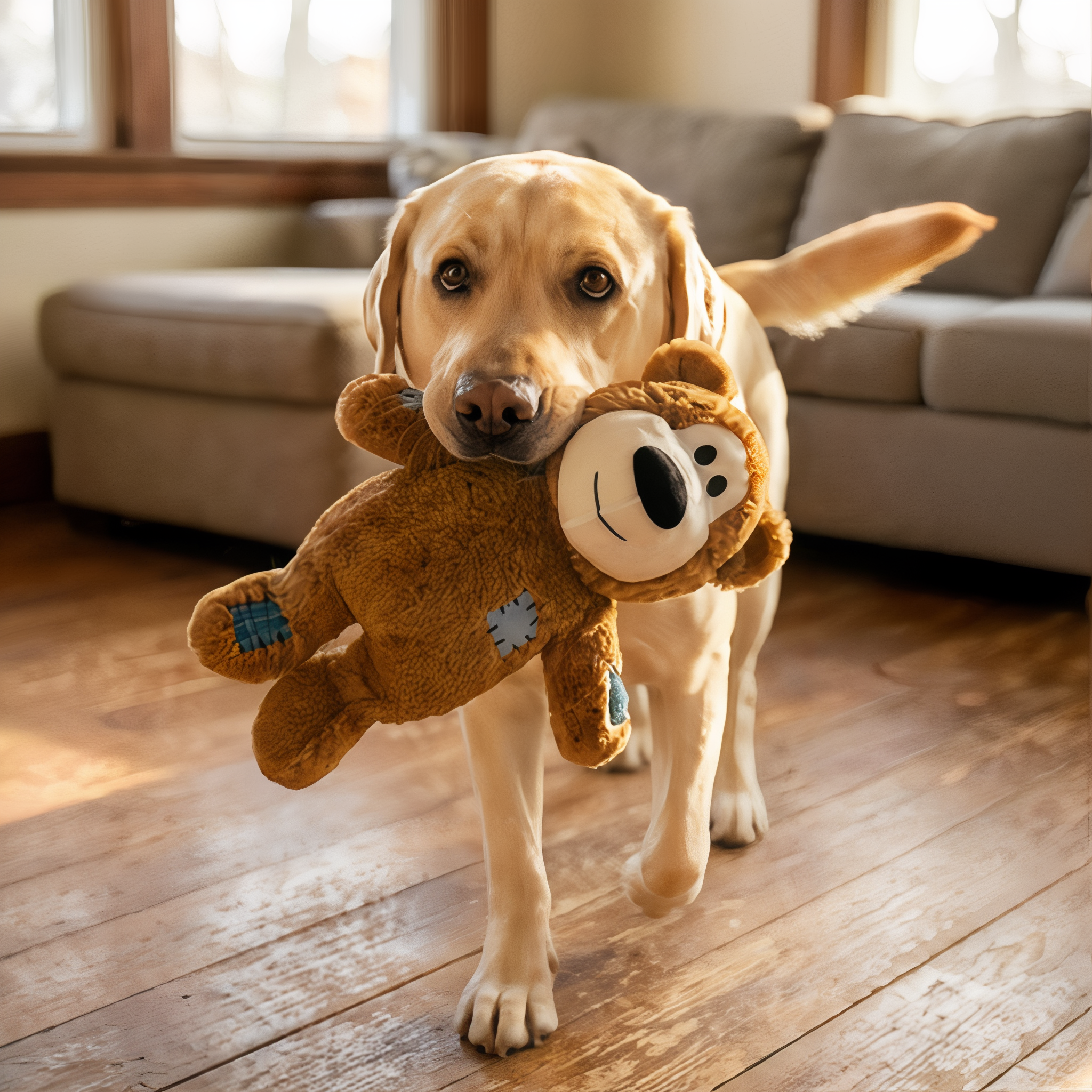Labrador Retriever carrying a tan Jumbo KONG Wild Knots Bear