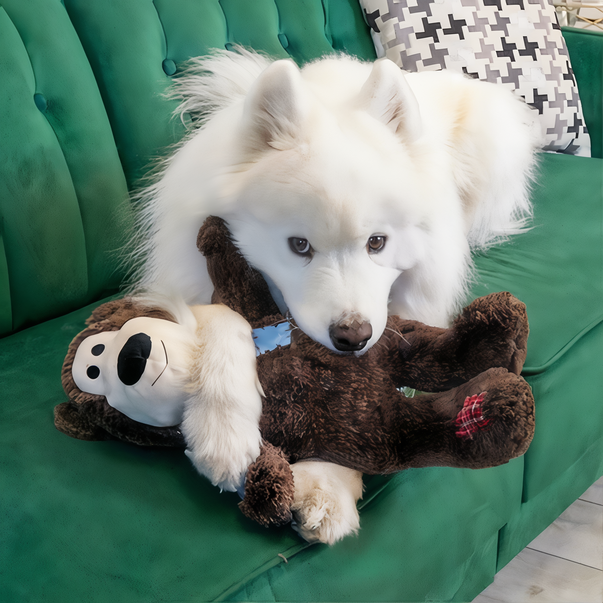 White dog snuggling a dark brown Jumbo KONG Wild Knots Bear on a green couch