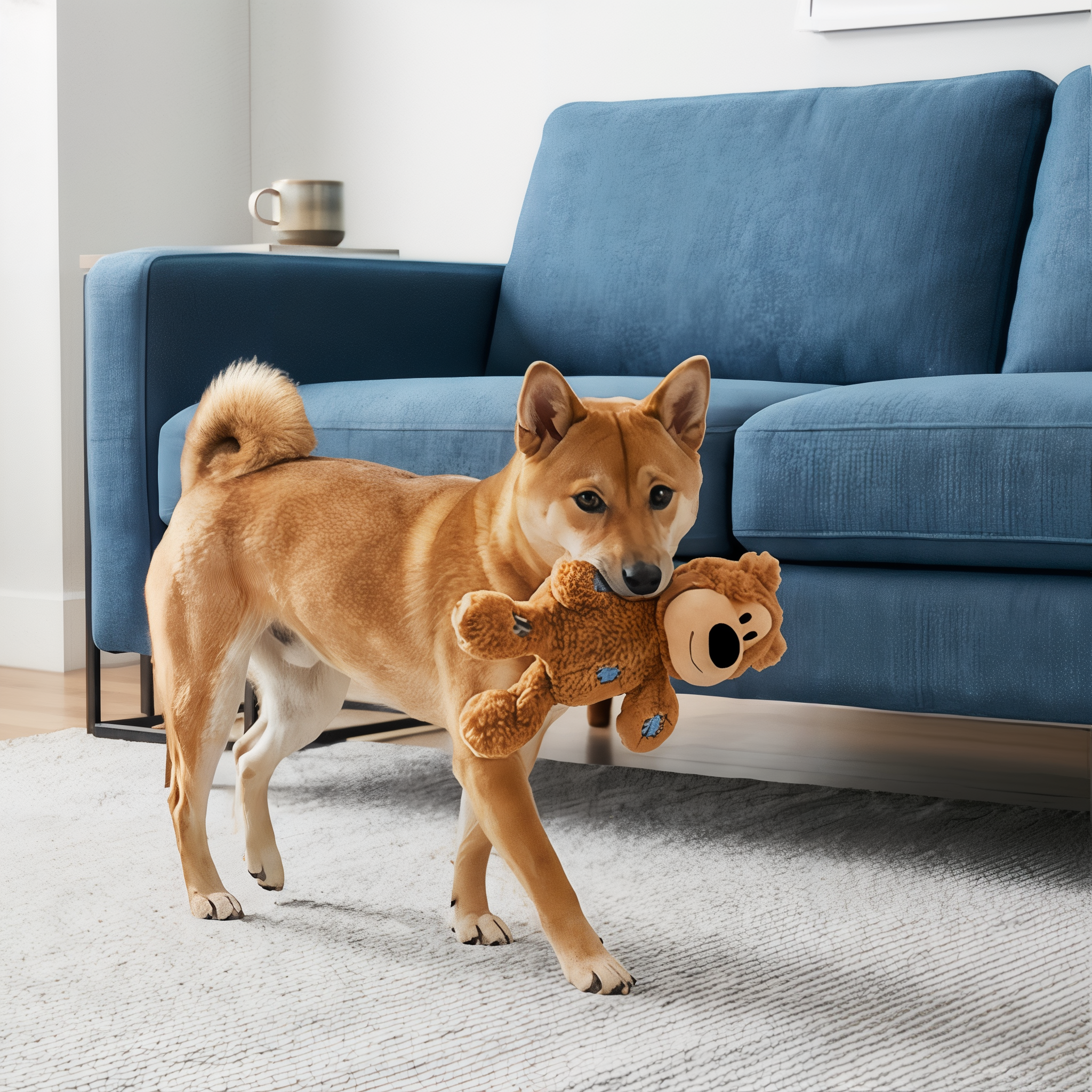 Shiba Inu carrying a small KONG Wild Knots Bear across the living room
