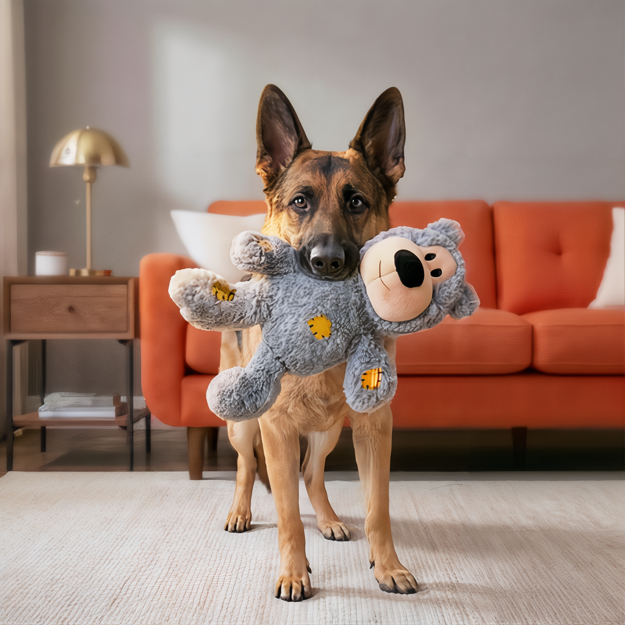 German Shepherd holding a gray X-Large KONG Wild Knots Bear