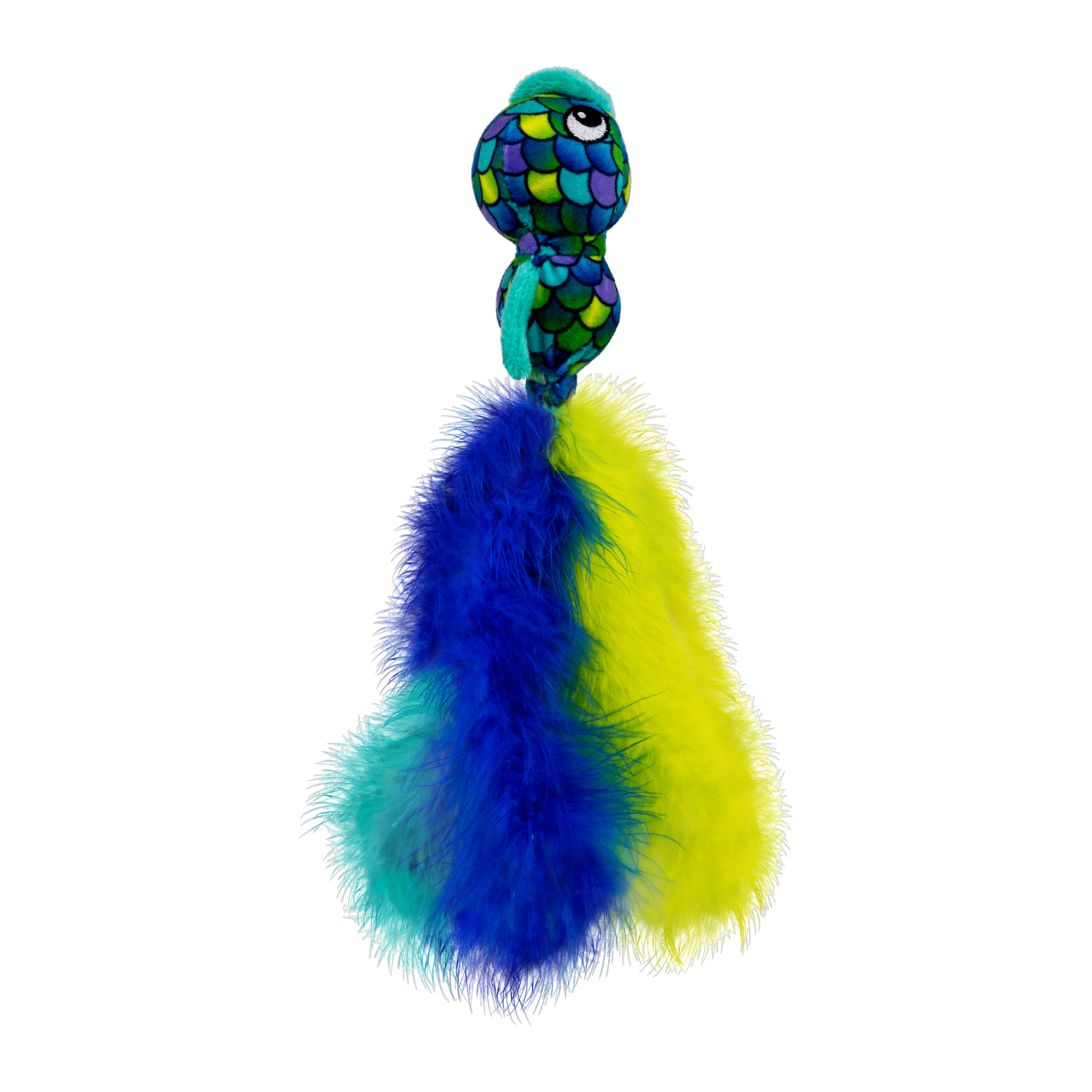 KONG Wubba Fish cat toy, blue and yellow feather colorway