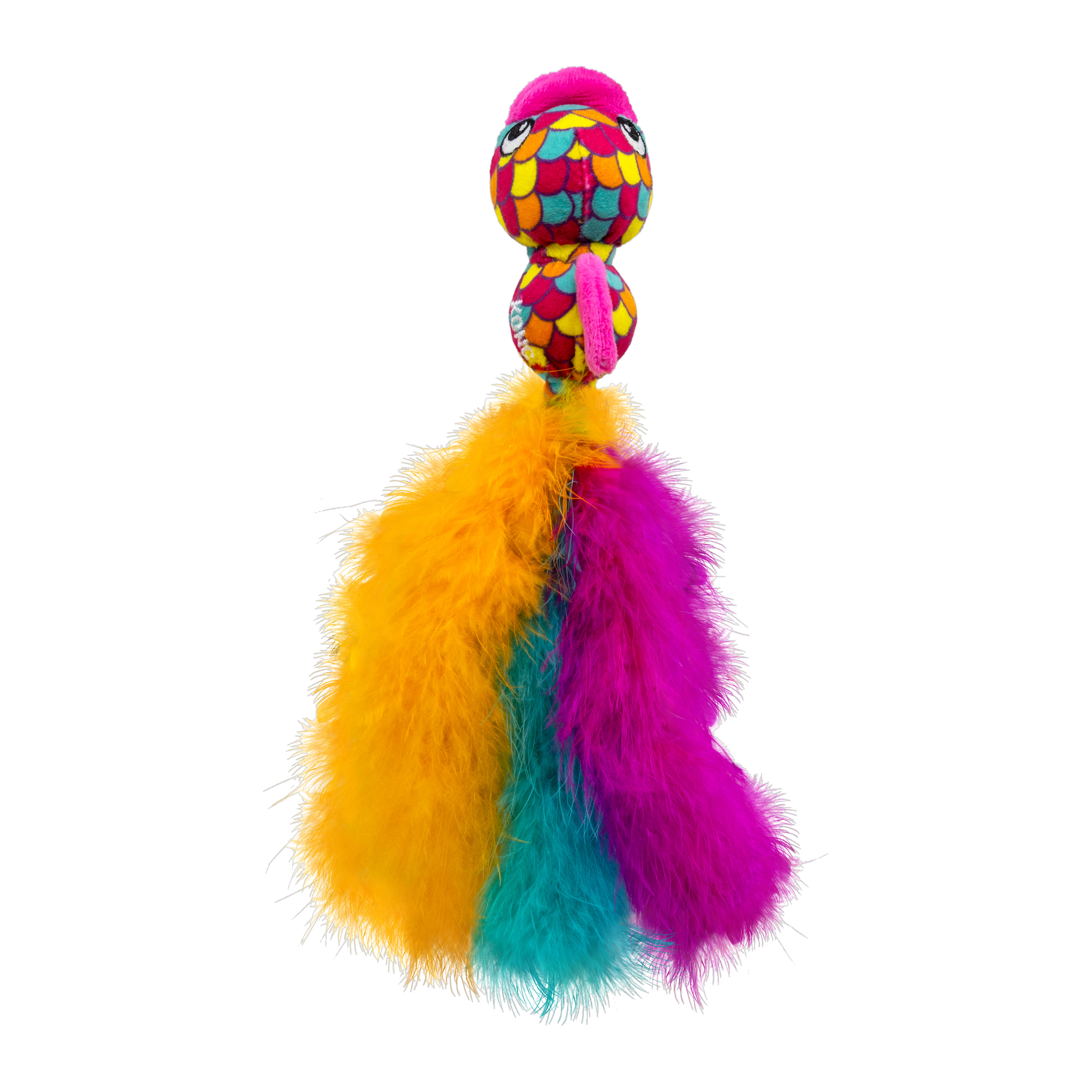KONG Wubba Fish cat toy, orange and magenta feather colorway