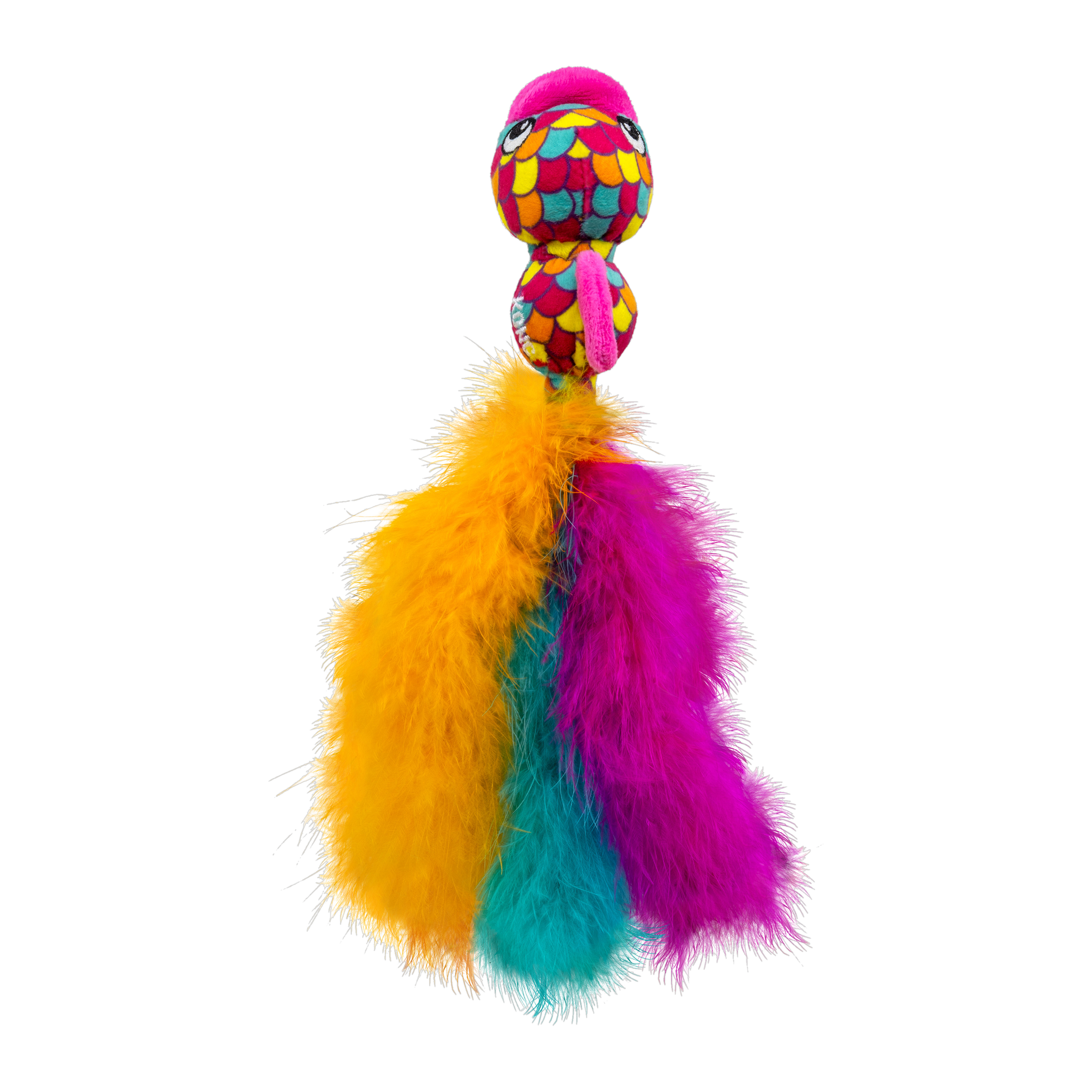 KONG Wubba Fish cat toy, orange and pink feather colorway