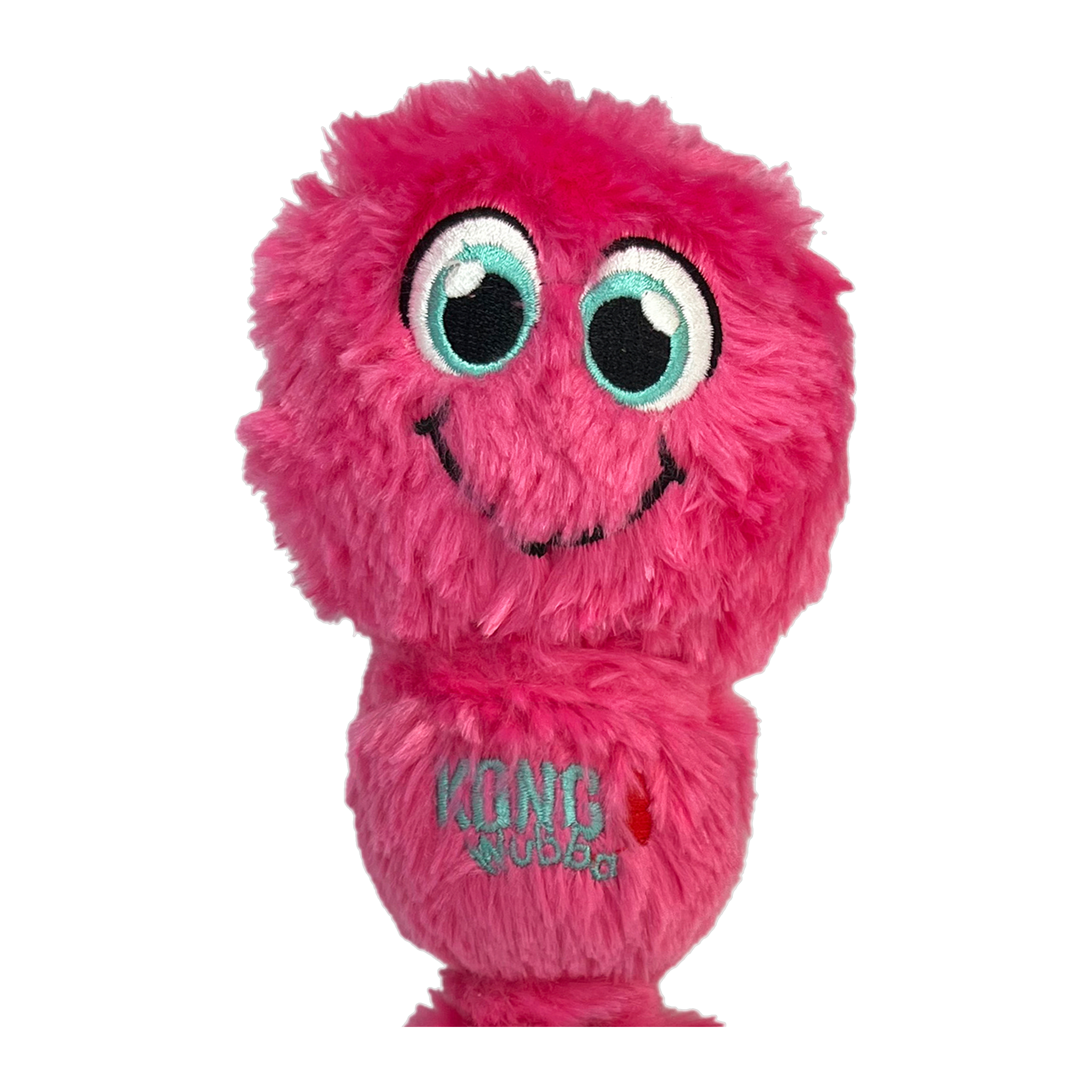 Close-up of KONG Wubba Octopus dog toy face with embroidered eyes, pink