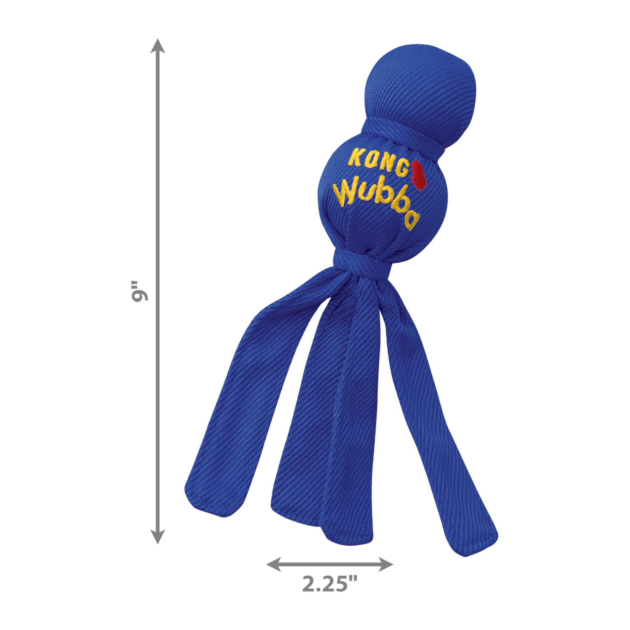 KONG Wubba Small dog toy dimensions, 9 inches long by 2.25 inches wide