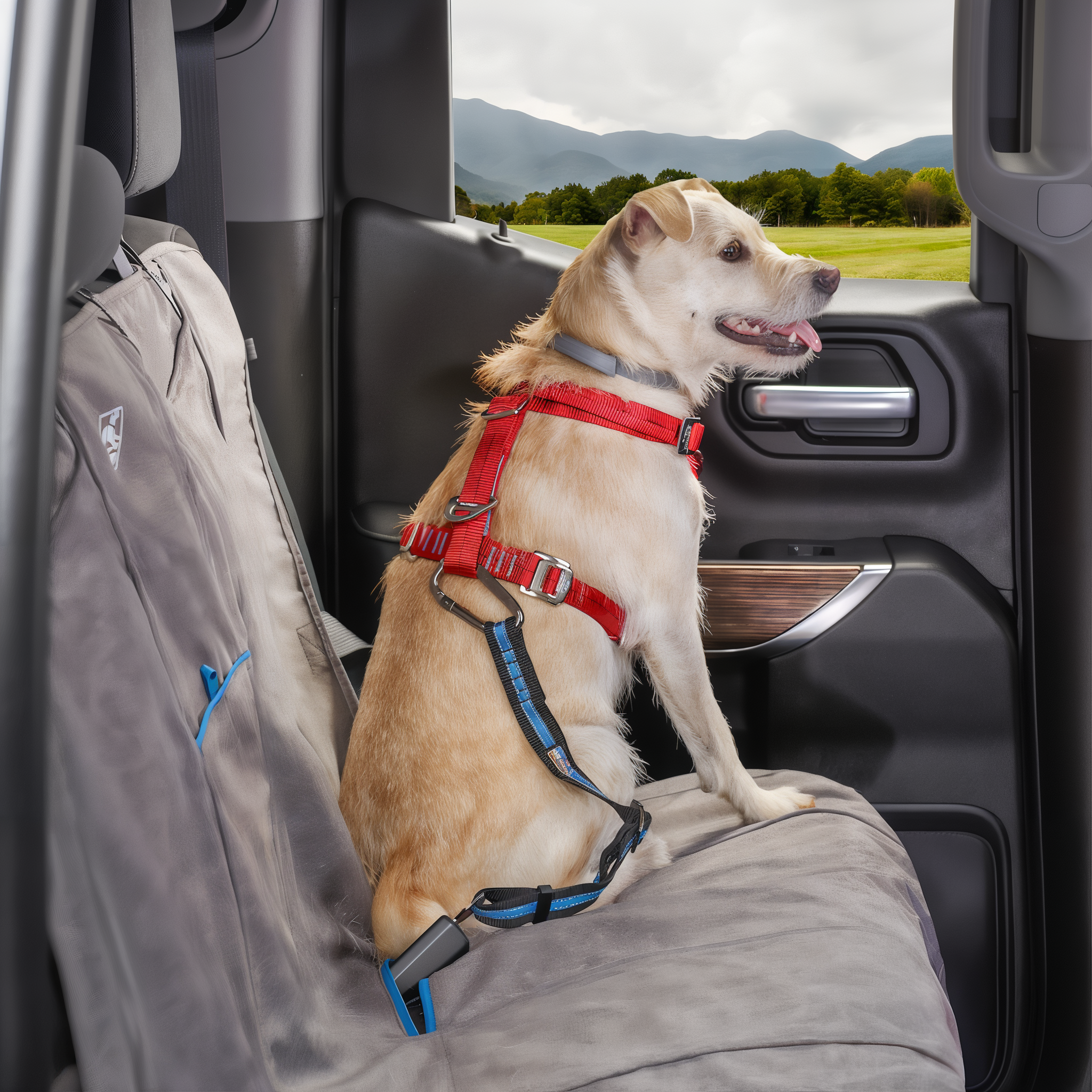 Dog riding safely in the back seat on a Kurgo Direct to Seatbelt Tether