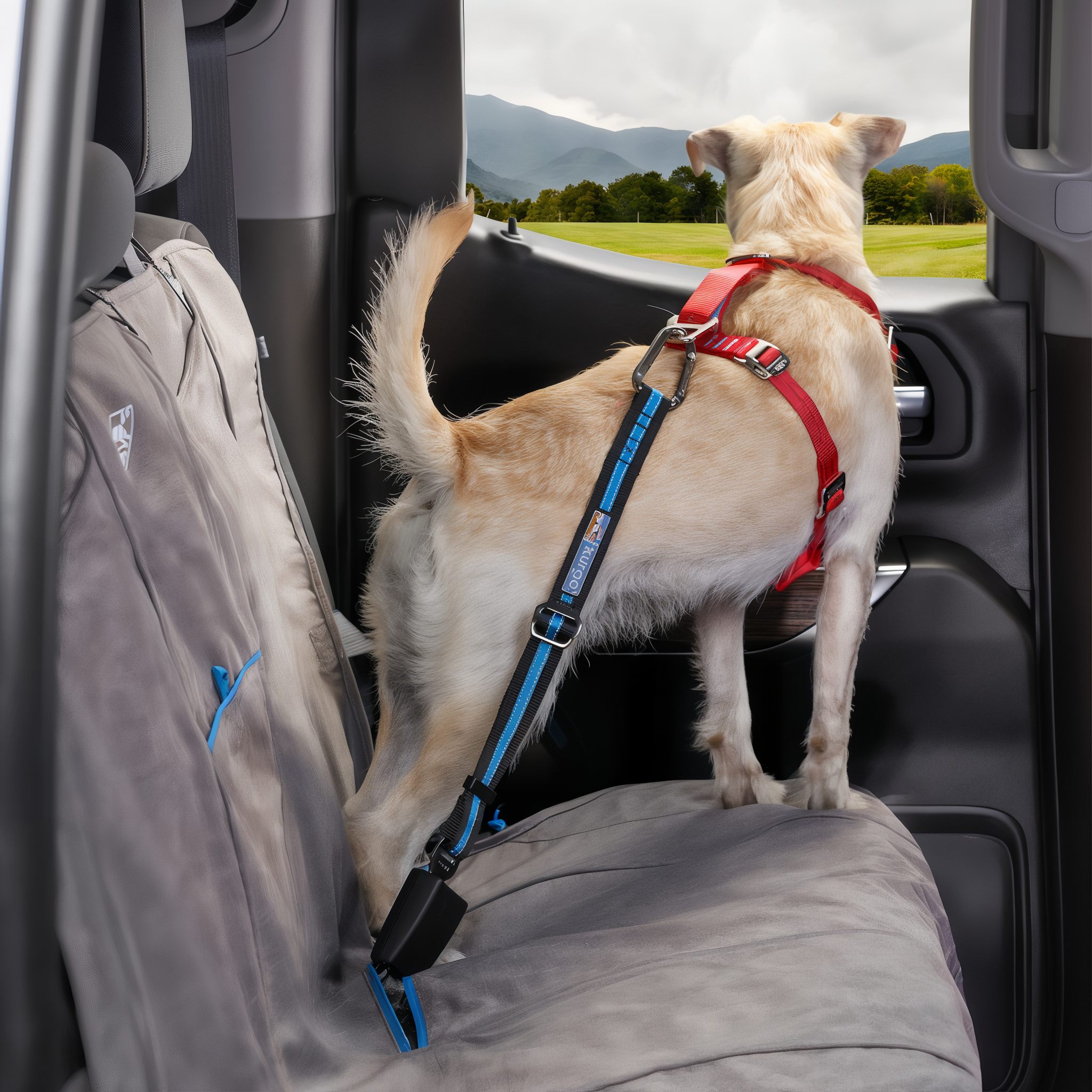 Dog standing on a rear bench seat while restrained by a Kurgo seatbelt tether