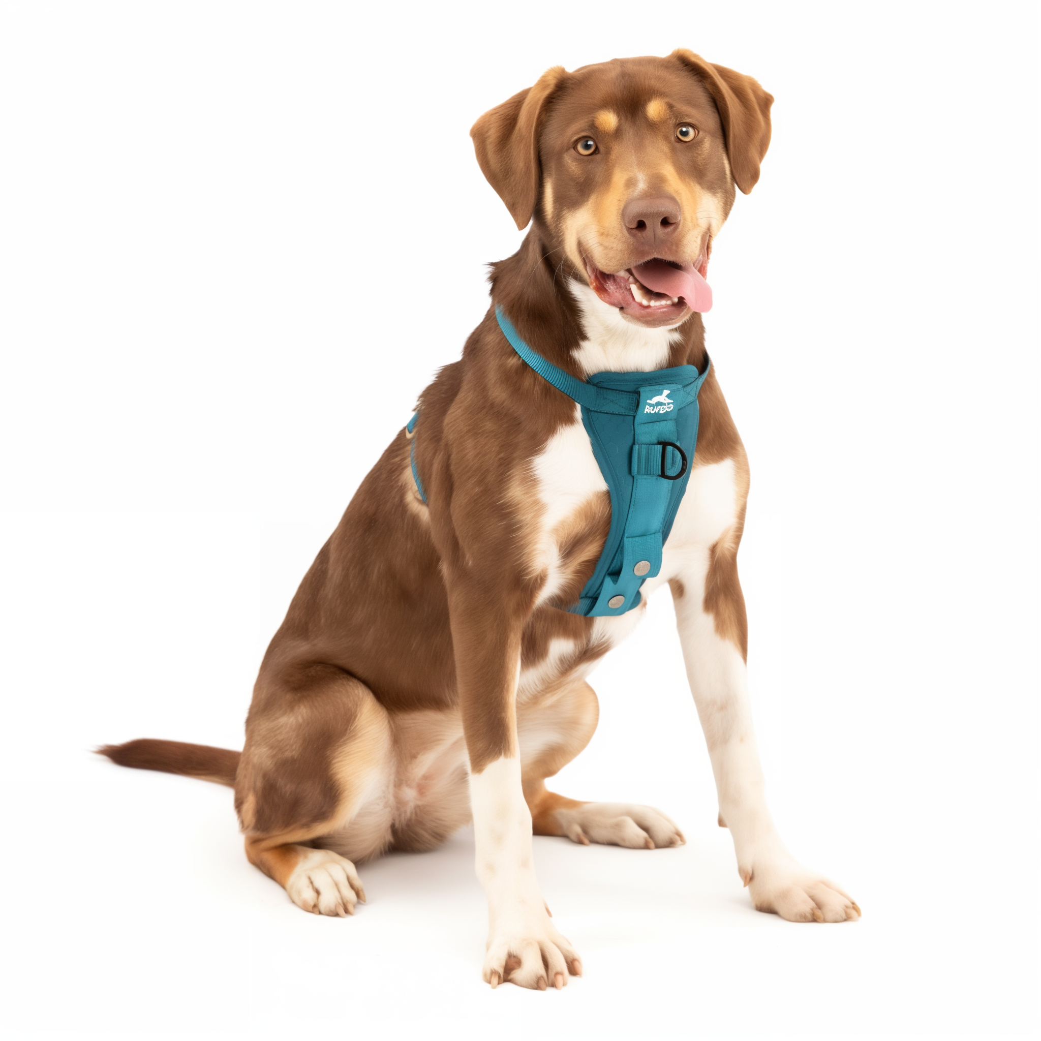 Dog riding in a car wearing the Tru-Fit harness, ink colorway shown
