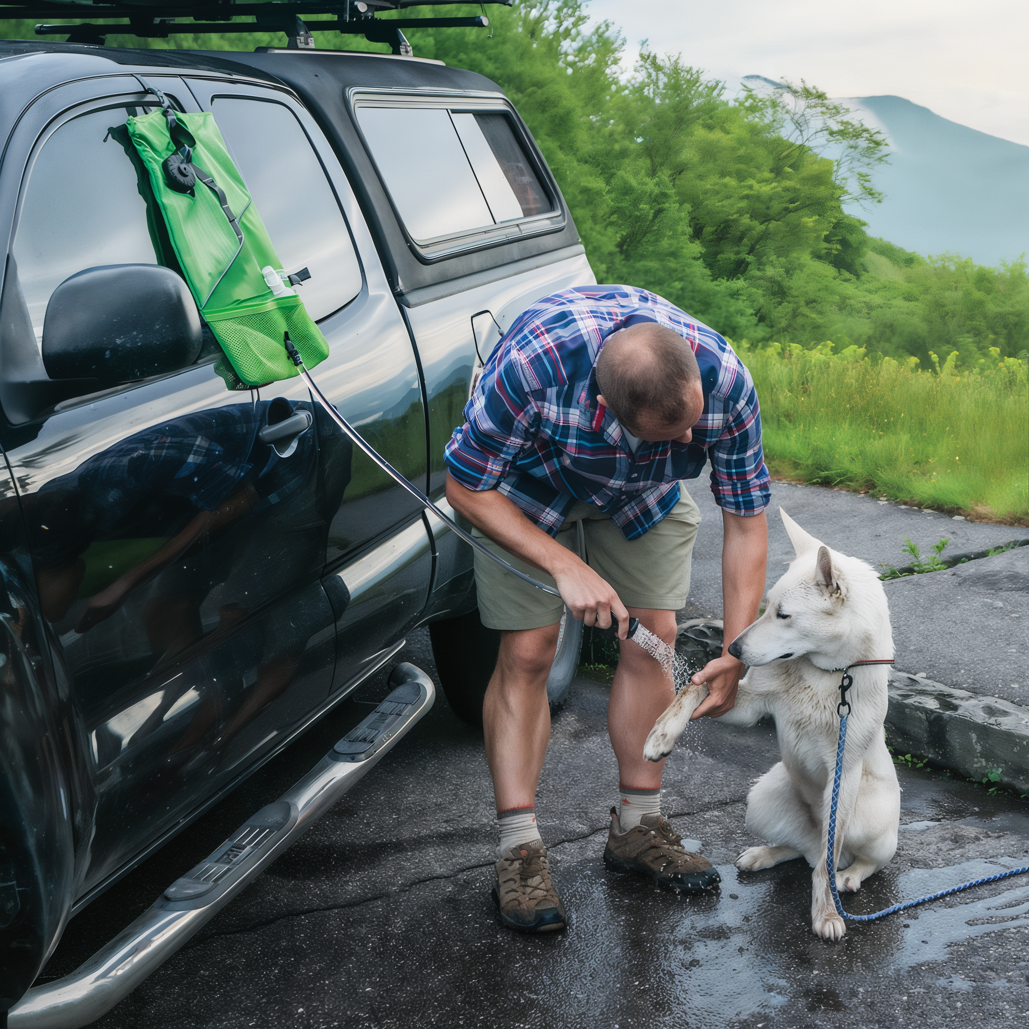 Kurgo Go Shower hanging by its strap while a dog is washed