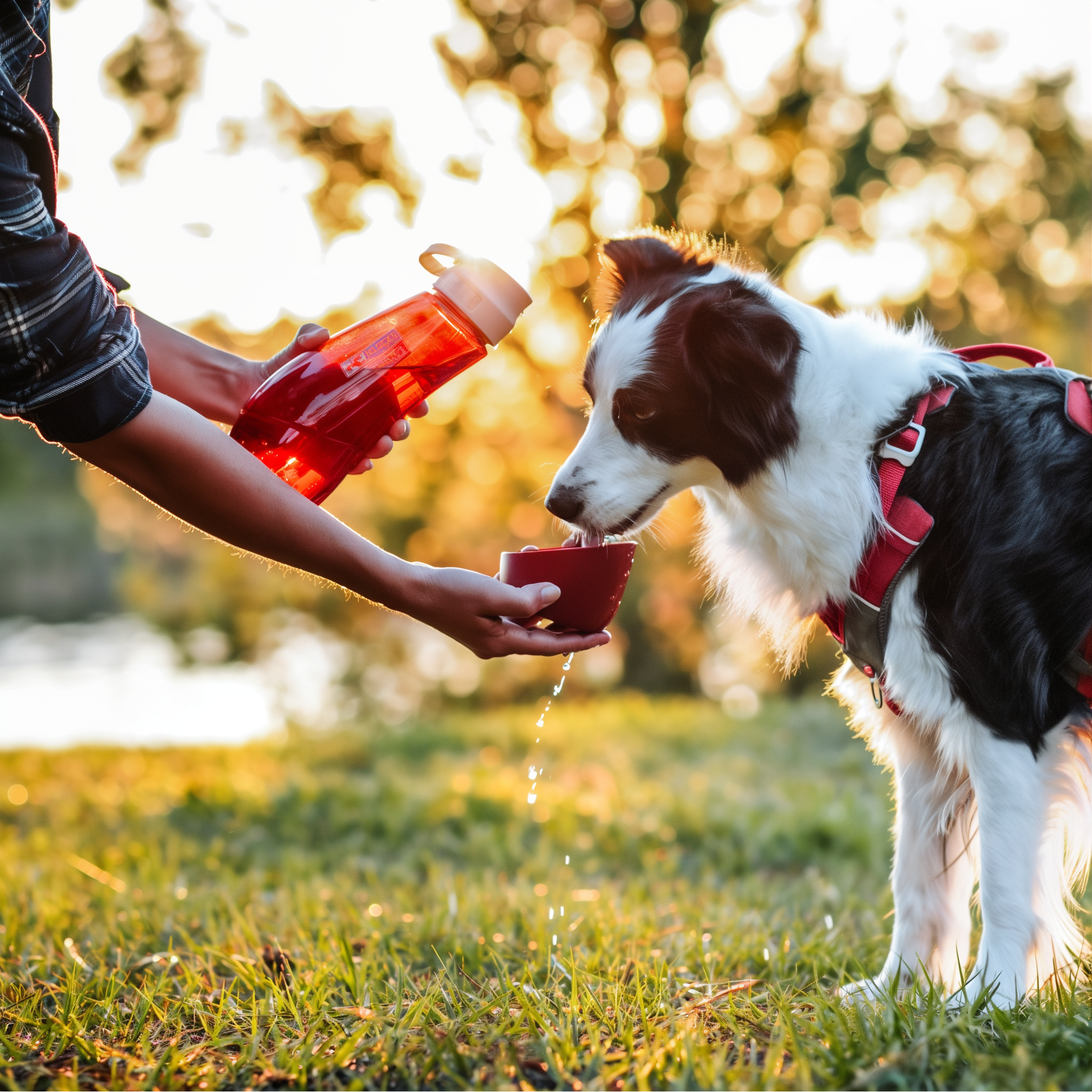 Dog drinking from the Kurgo Gourd bowl while the owner holds the bottle