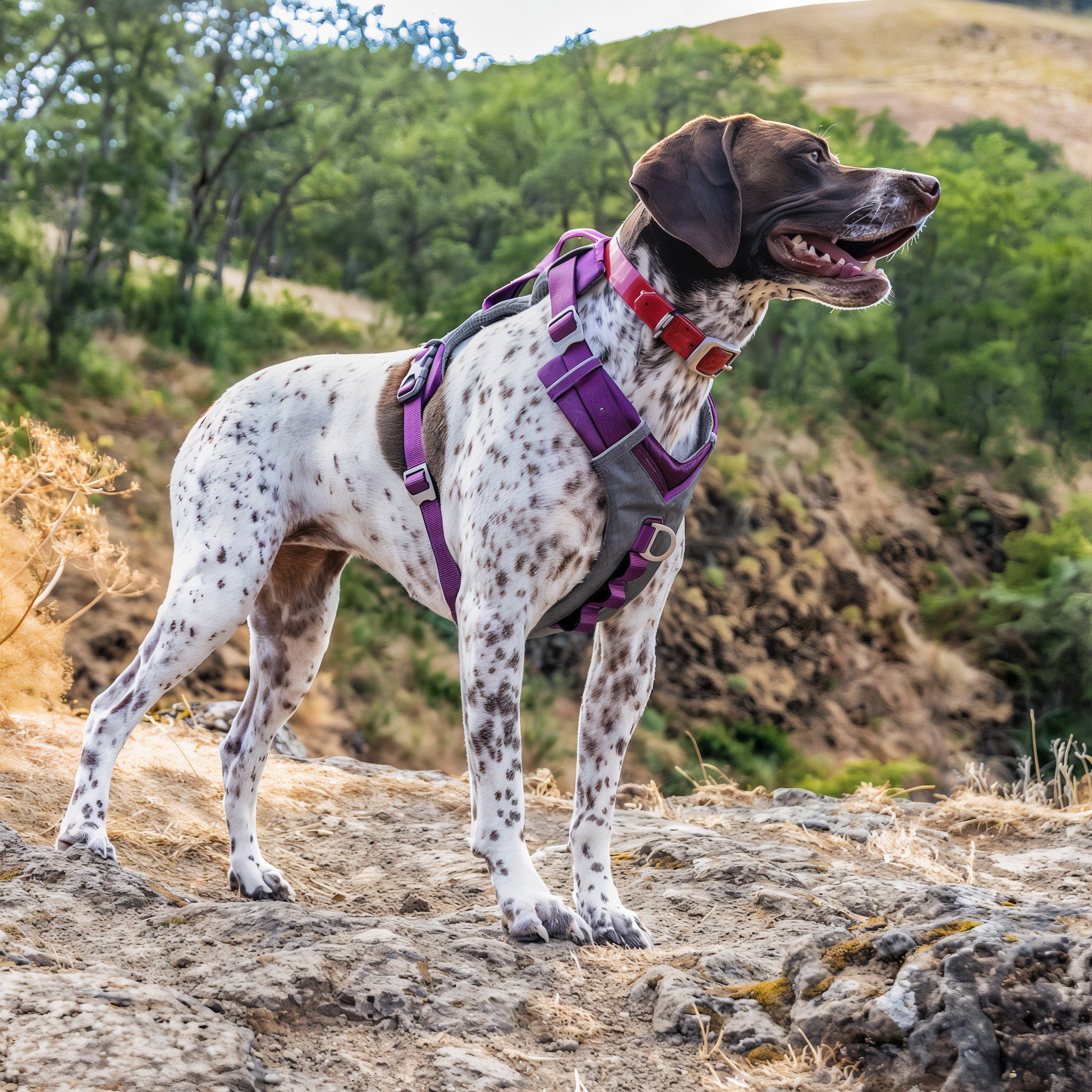 Hiker with a dog wearing the Kurgo Journey Air harness in violet