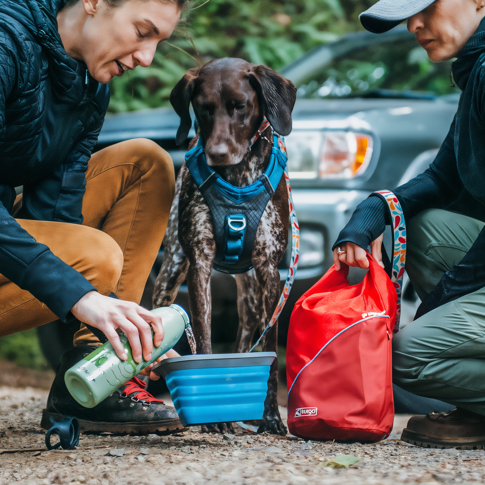 Hikers feeding a dog from the Kurgo Kibble Carrier at a trailhead