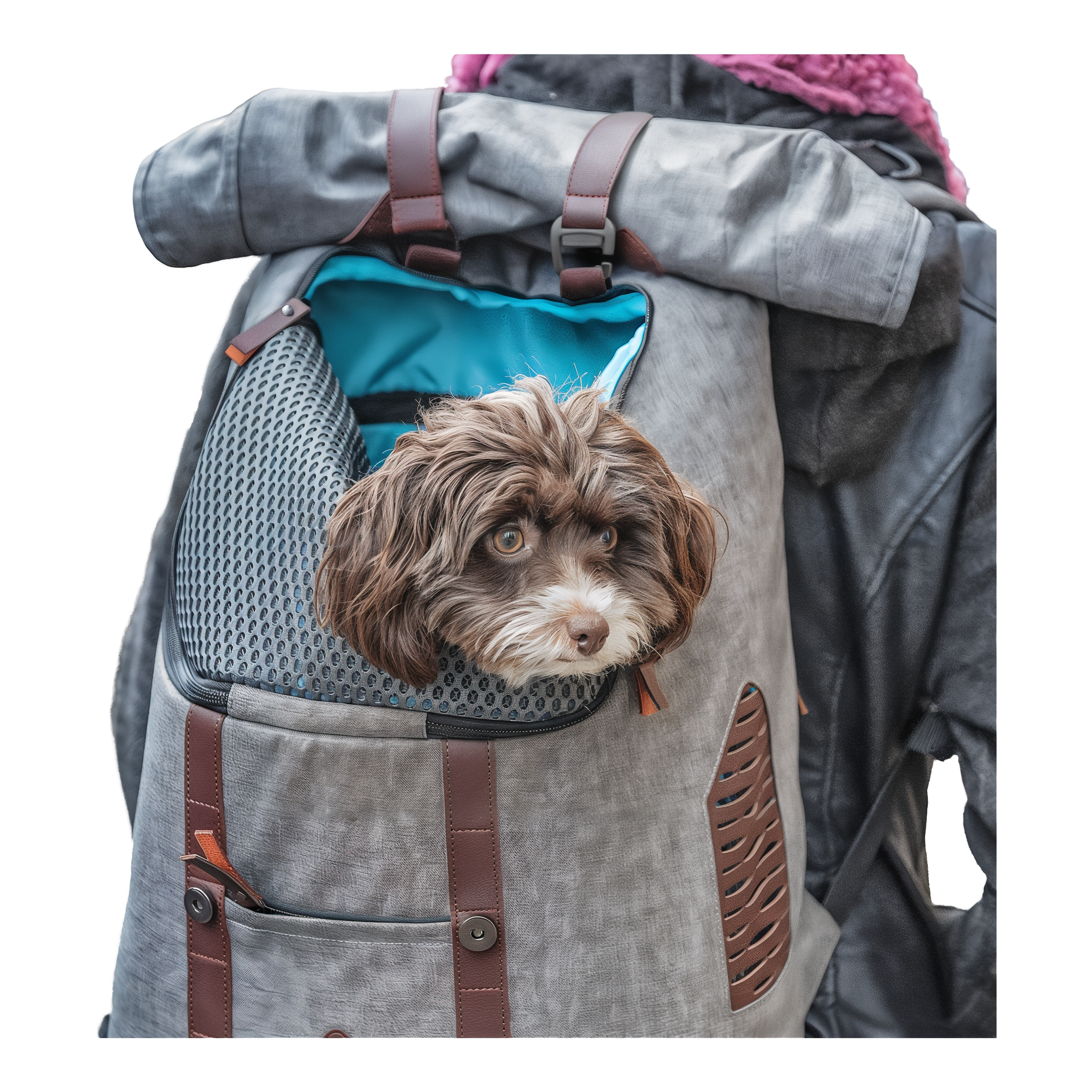 Kurgo Rucksack worn on the back with a dog looking out