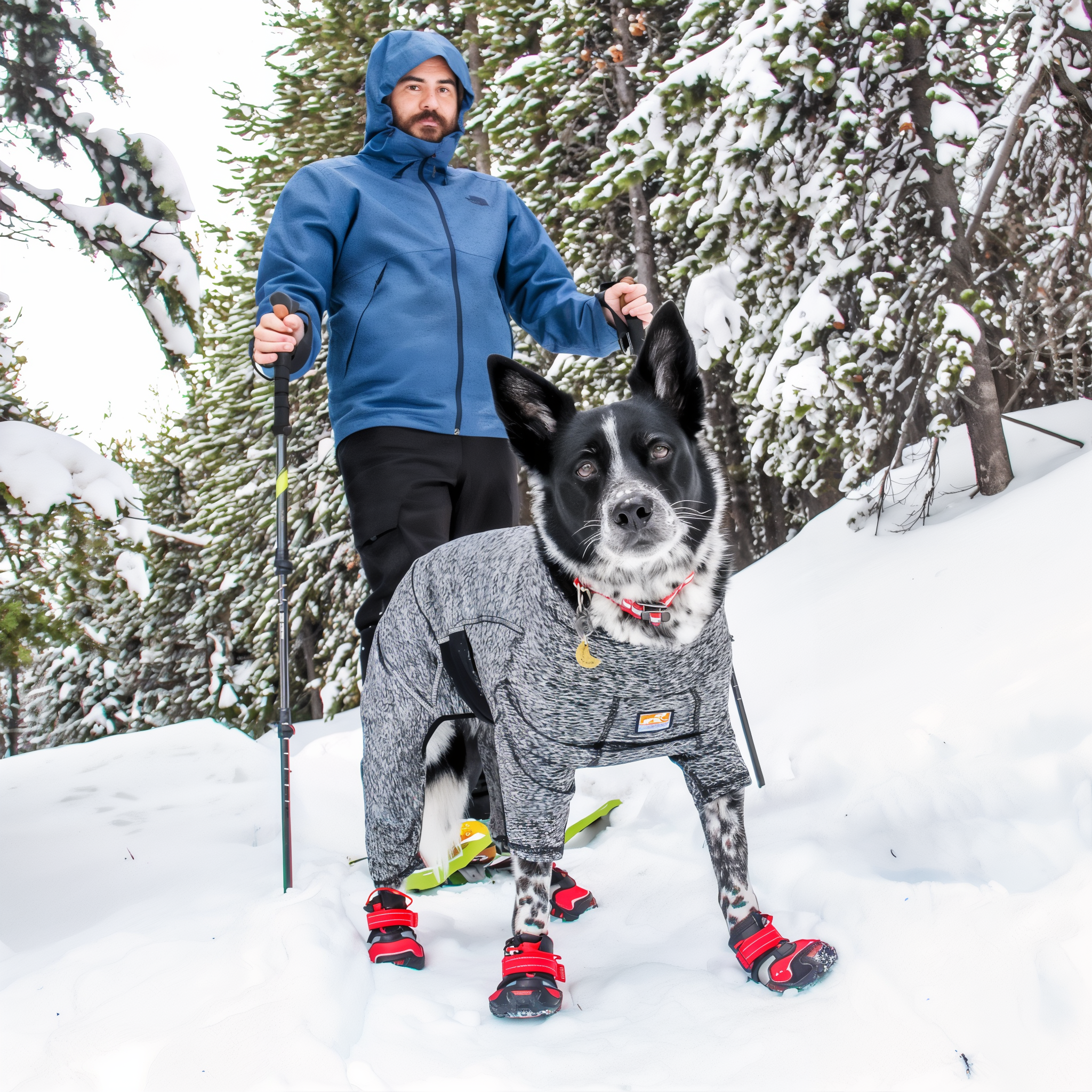 Dog in snow wearing the Stowe Base Layer with dog boots