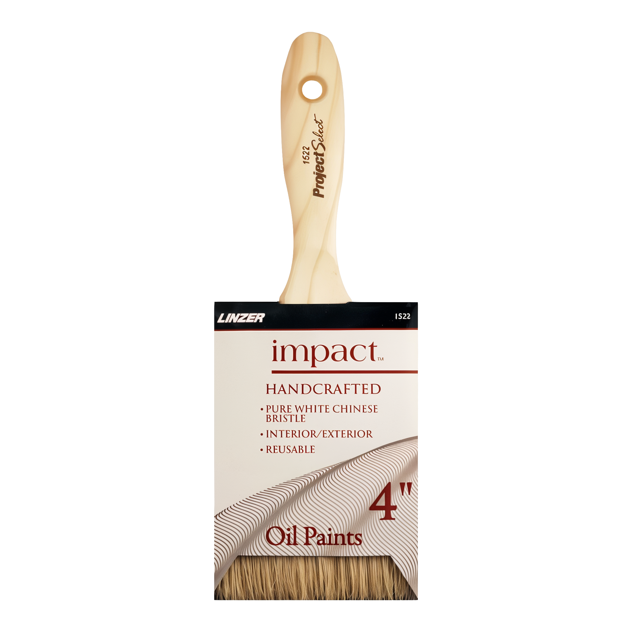Linzer Impact Handcrafted 4 inch white China bristle paint brush with walnut handle on transparent background
