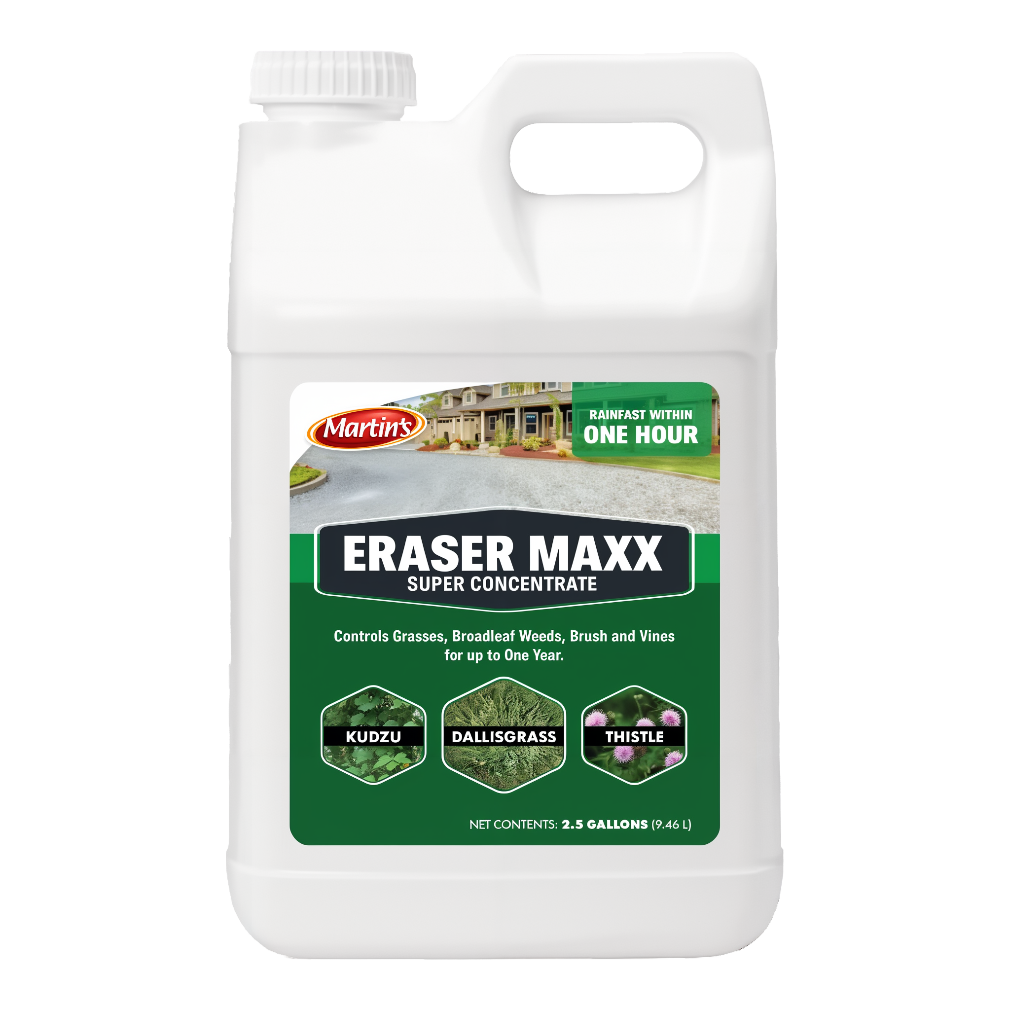 Martin's Eraser Maxx Super Concentrate Herbicide 2.5 gallon jug with handle and green Martin's label, controls grasses broadleaf weeds brush vines up to one year