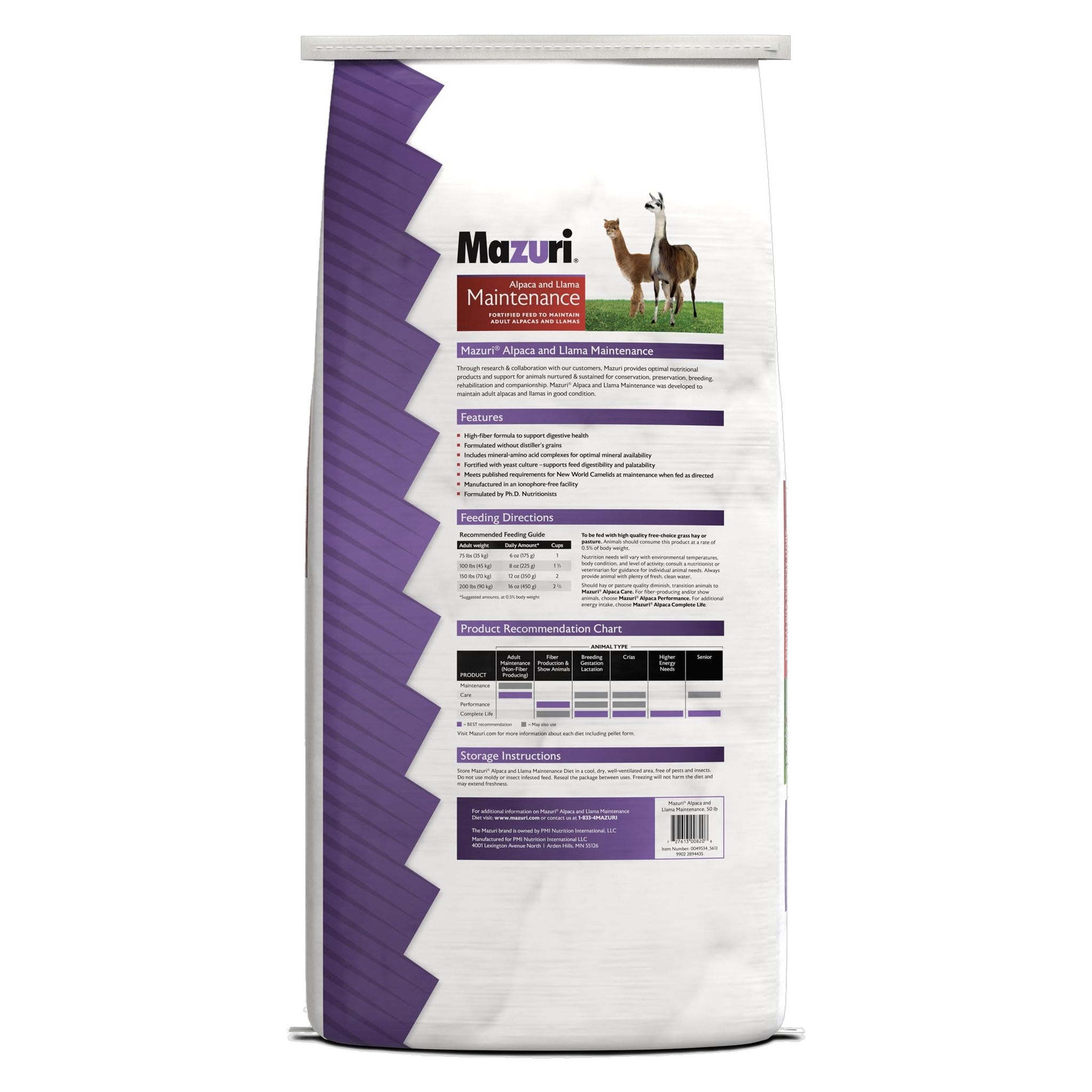 Back of the Mazuri Alpaca & Llama Maintenance Diet bag with guaranteed analysis, ingredients, and feeding directions
