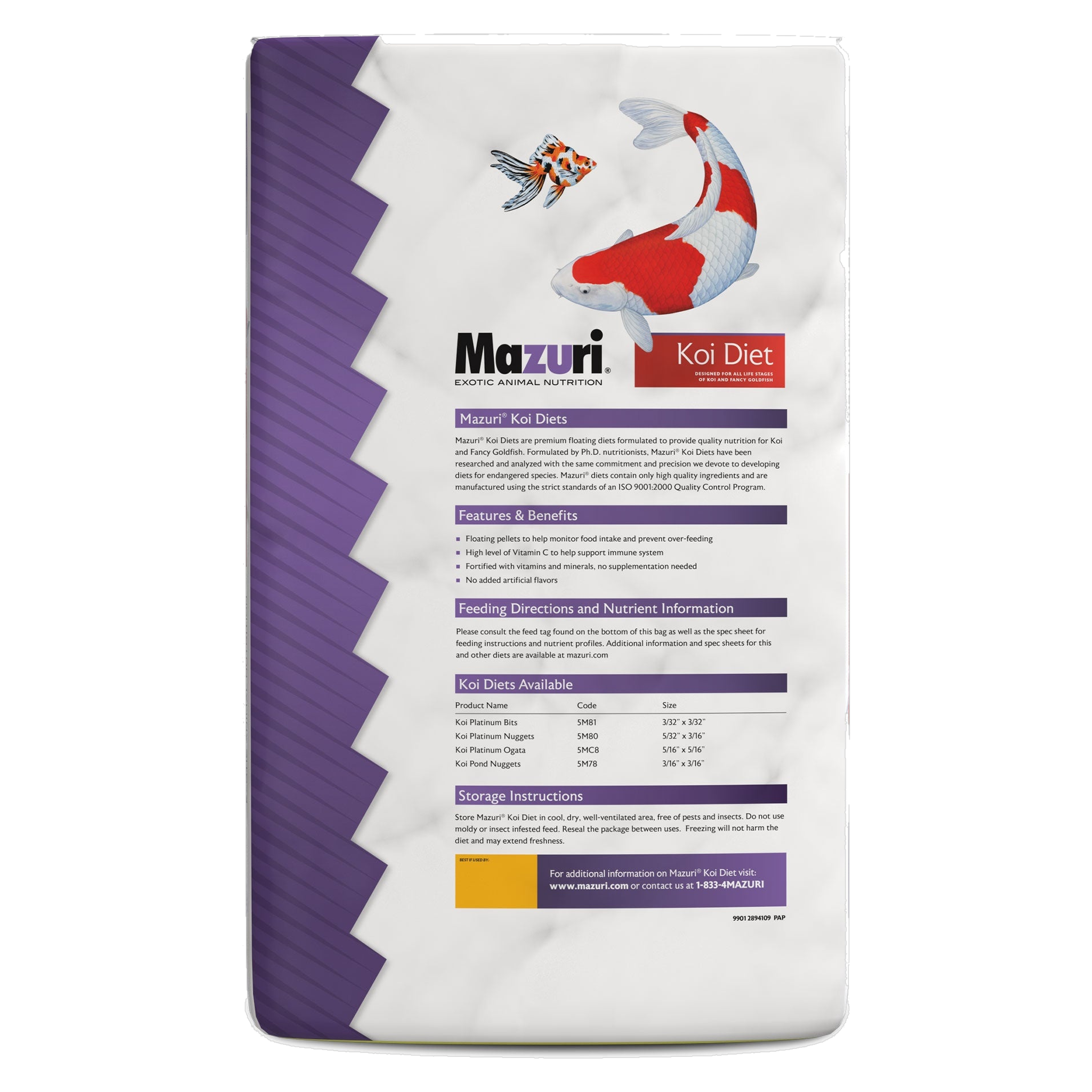 Back of the Mazuri Koi Platinum Nugget Diet bag with guaranteed analysis, ingredients, and feeding directions