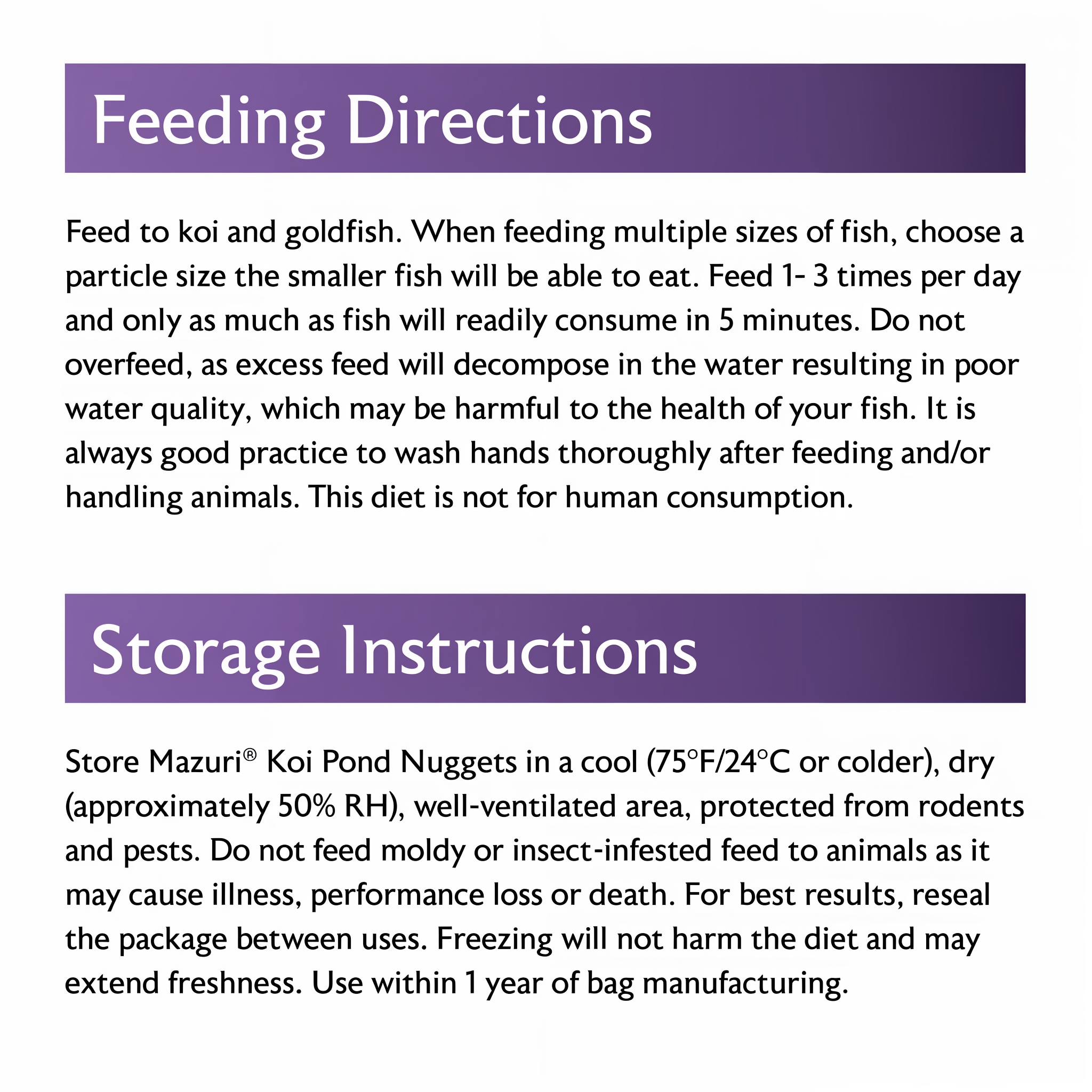 Mazuri Koi Pond Nuggets feeding directions panel