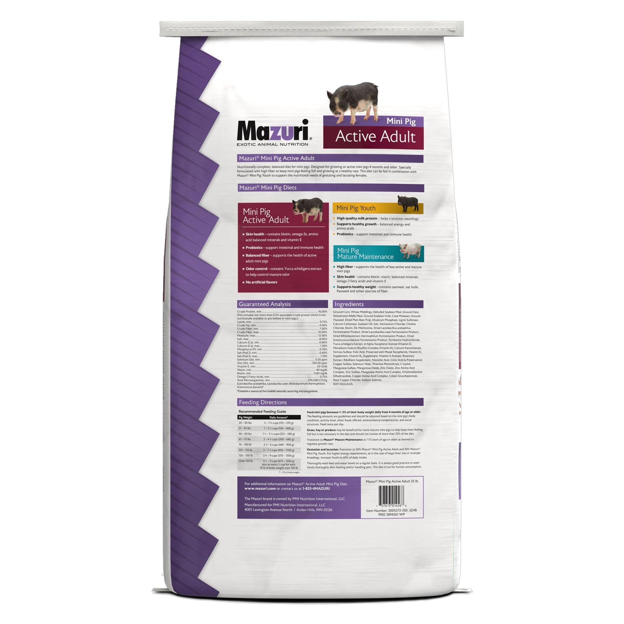 Back of the Mazuri Mini Pig Active Adult bag with guaranteed analysis, ingredients, and feeding directions