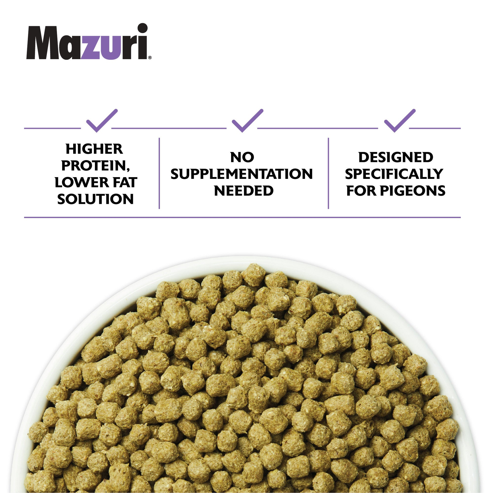 NutriBlend Green pellets in a bowl - higher protein lower fat, no supplementation needed, designed for pigeons