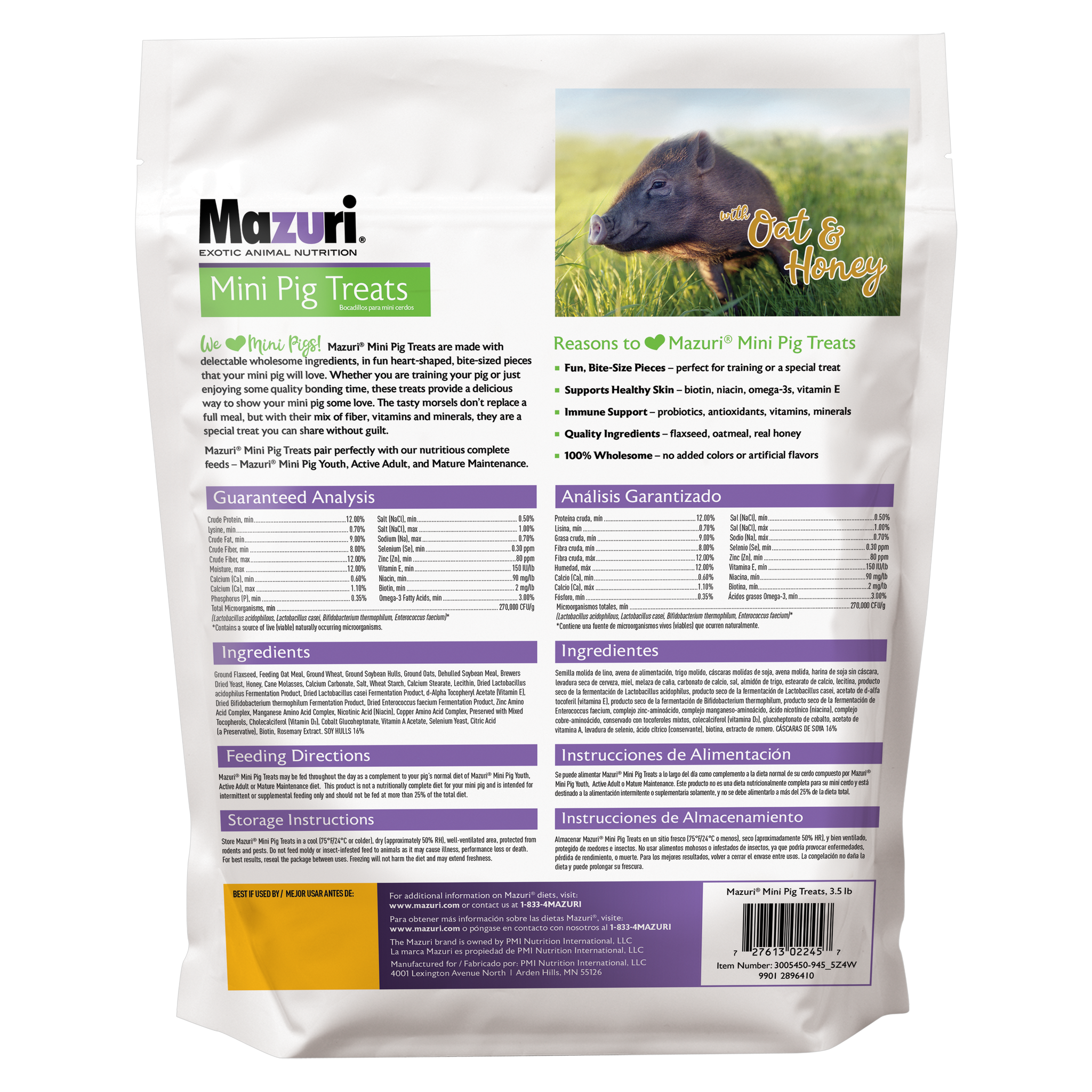 Back of the Mazuri Mini Pig Treats bag with guaranteed analysis, ingredients, and feeding directions