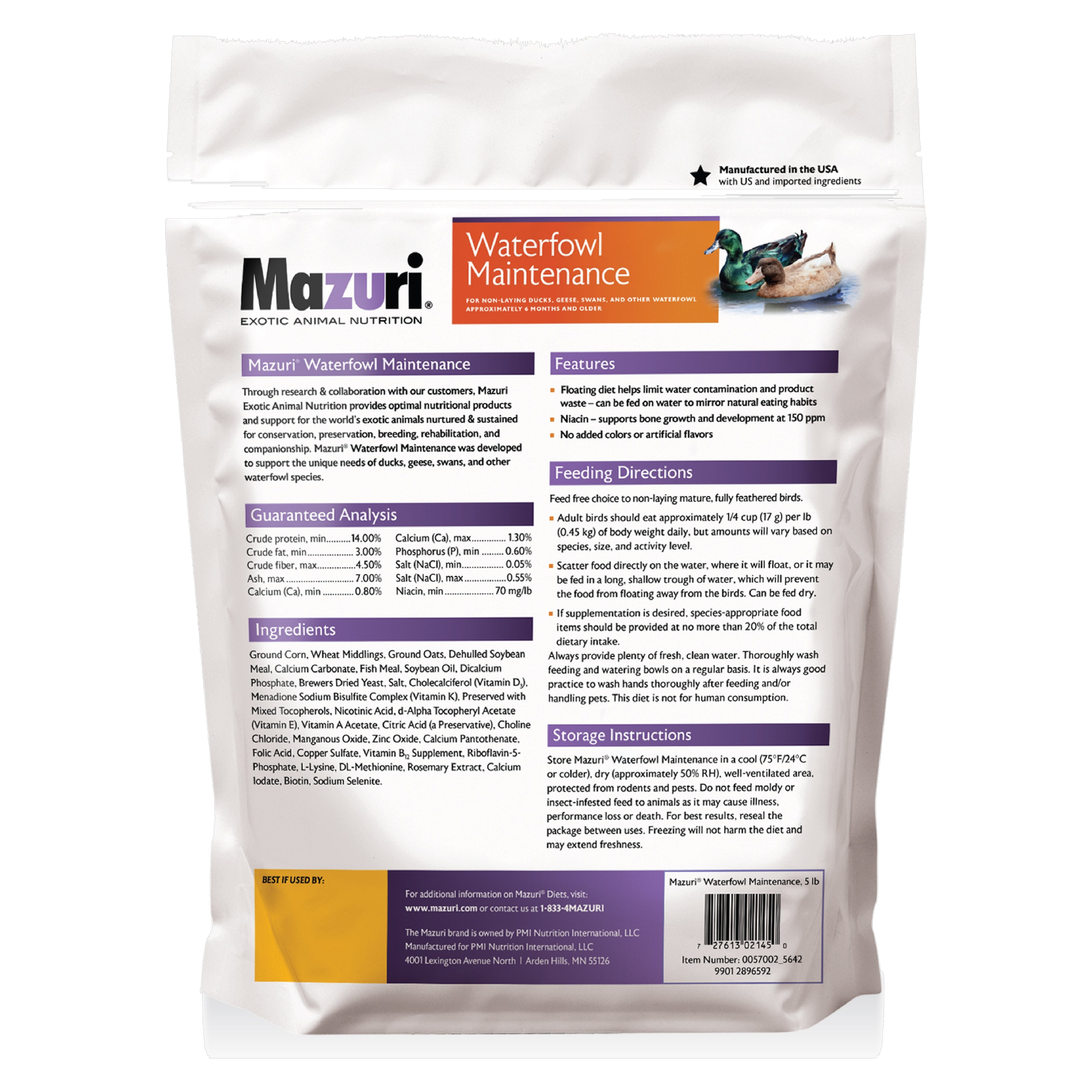 Back of the Mazuri Waterfowl Maintenance Diet bag with guaranteed analysis, ingredients, and feeding directions