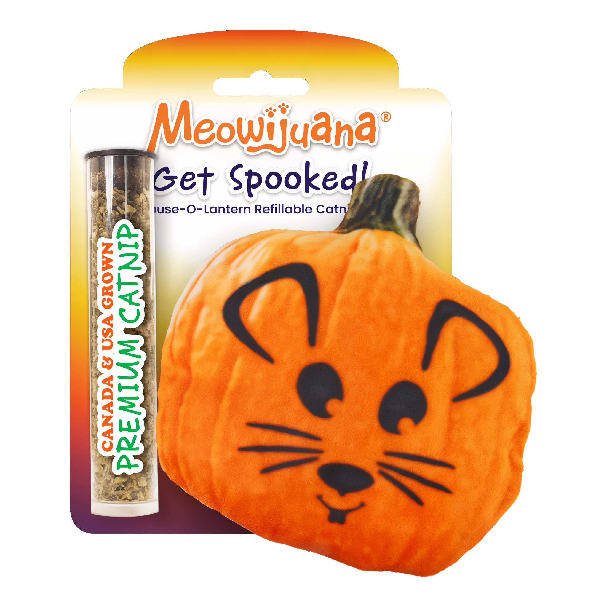 Meowijuana Get Spooked Mouse-O-Lantern refillable catnip cat toy in package with catnip tube