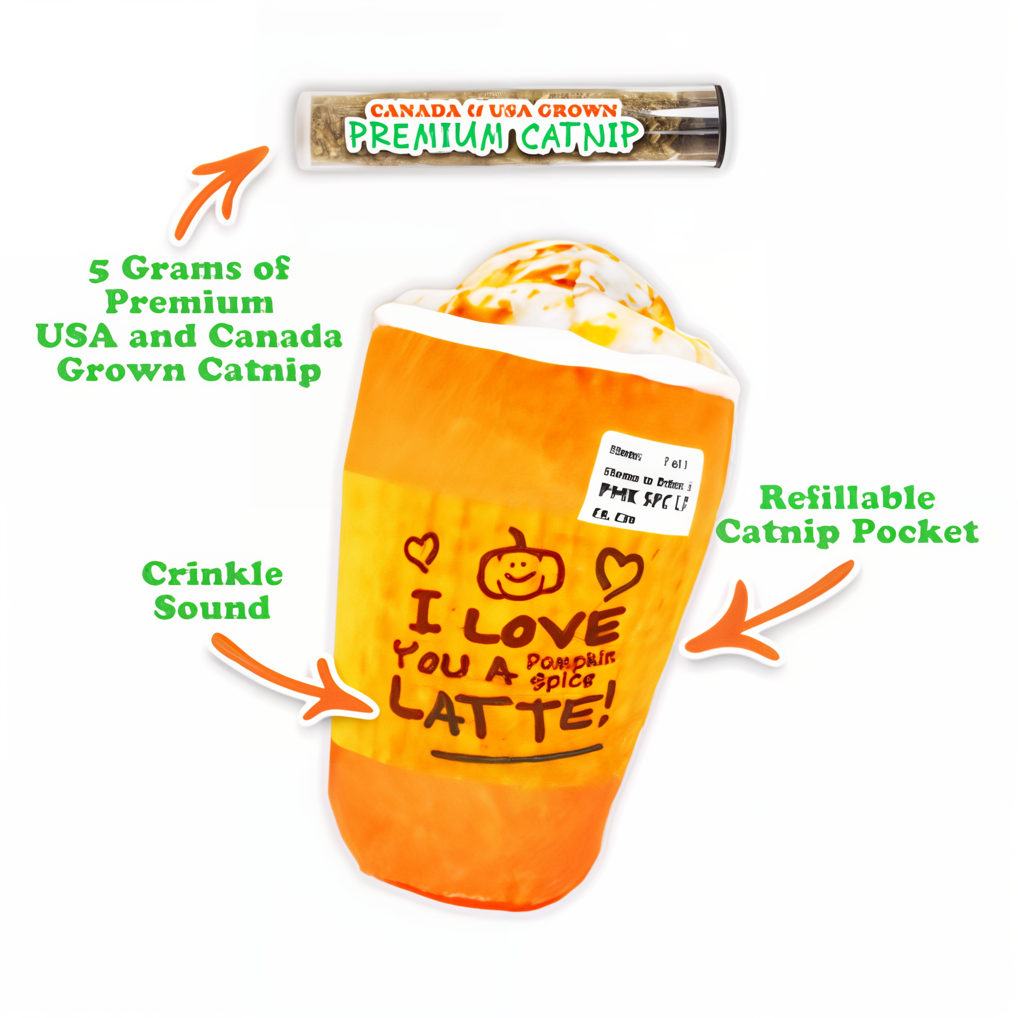 Pumpkin Spice Latte cat toy features crinkle sound refillable catnip pocket and 5 grams of catnip