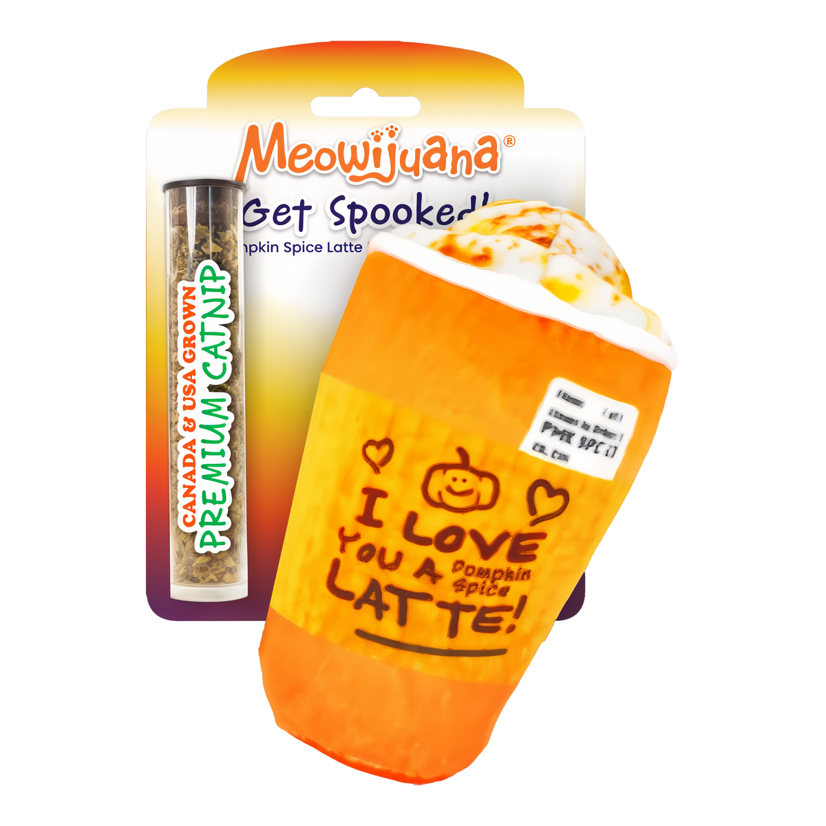 Meowijuana Get Spooked Pumpkin Spice Latte refillable catnip cat toy in package with catnip tube