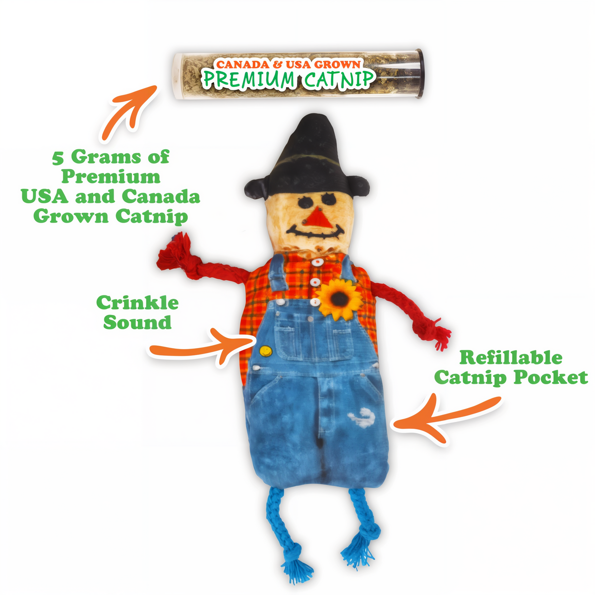 Scarecrow cat toy features crinkle sound refillable catnip pocket and 5 grams of catnip
