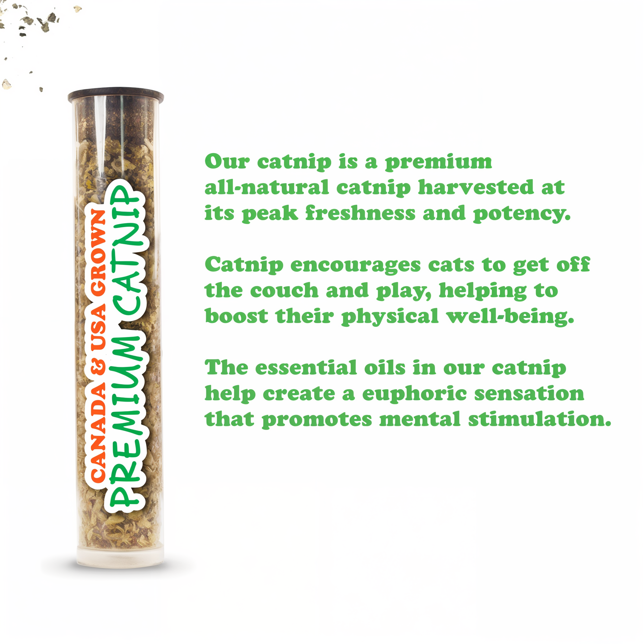 Included tube of Meowijuana premium Canada and USA grown catnip