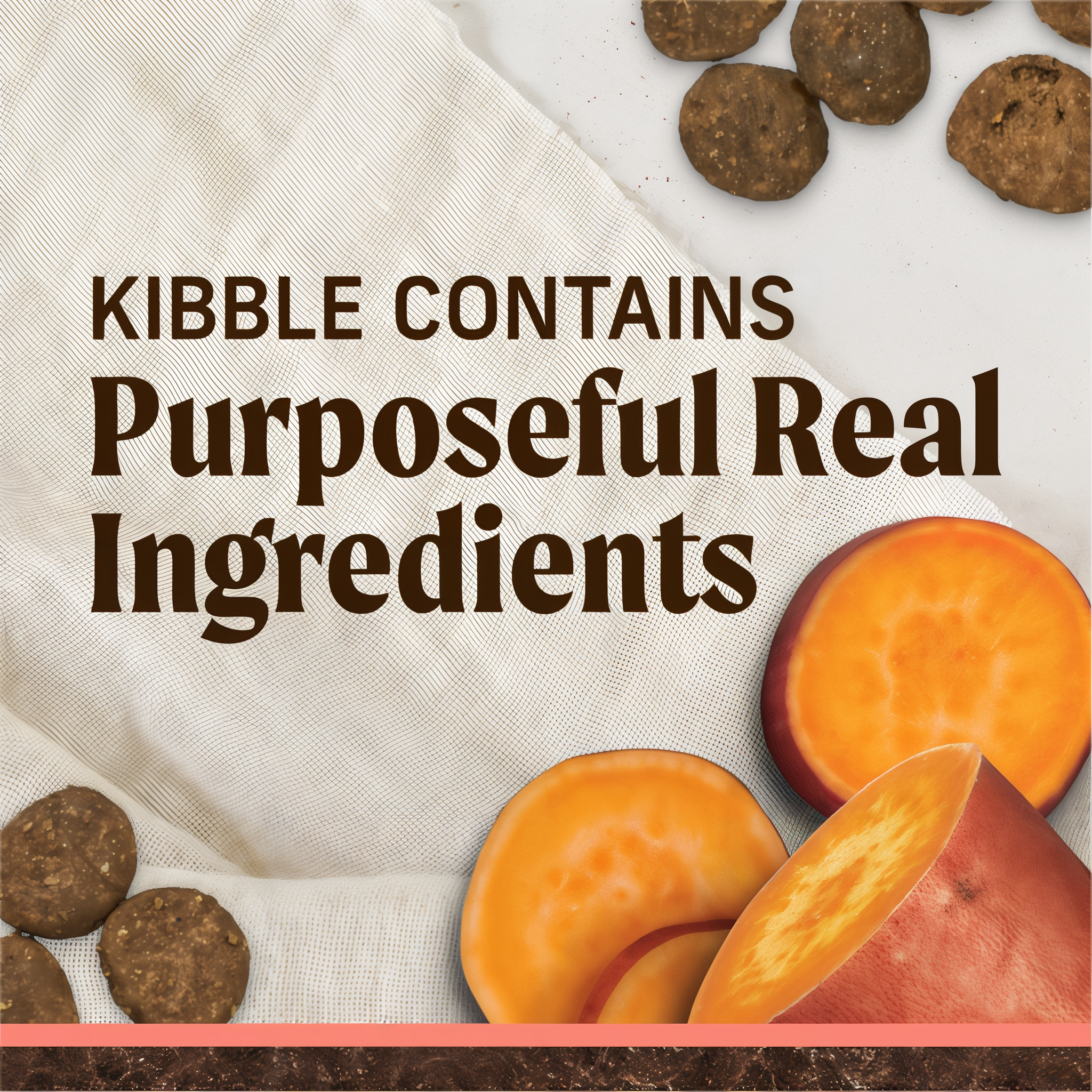 Close-up of Merrick grain free kibble with sliced sweet potato showing purposeful real ingredients