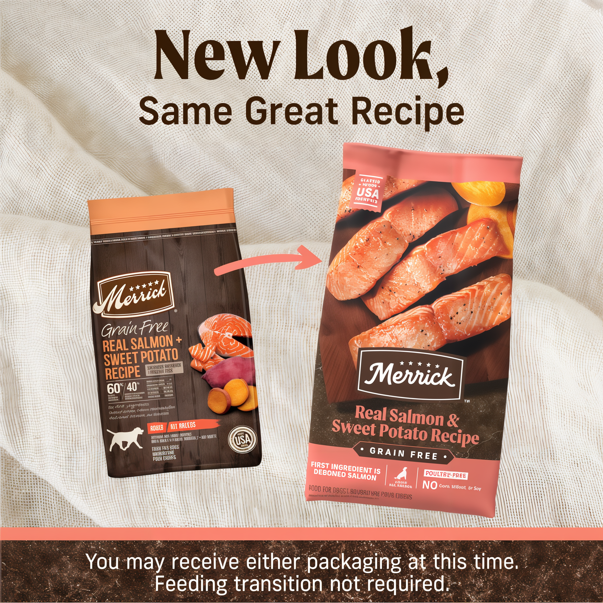 Old and new packaging for Merrick Grain Free Real Salmon and Sweet Potato Recipe with note that the recipe is unchanged