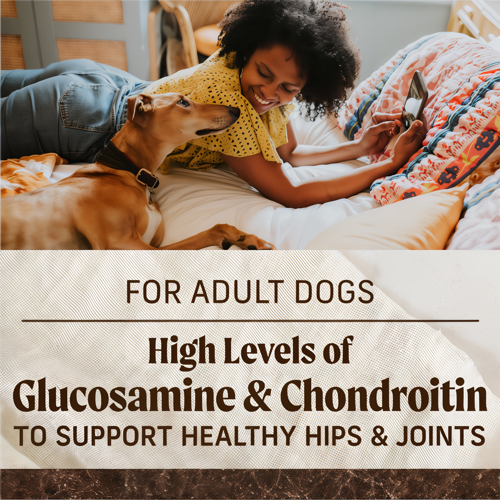 Woman relaxing with a brown dog beside text about omega fatty acids for skin and coat plus glucosamine and chondroitin for hips and joints