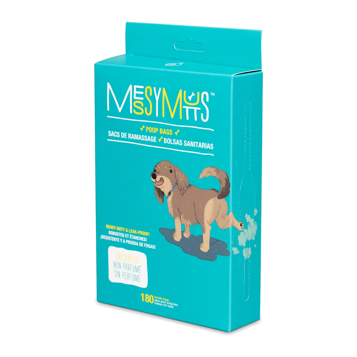 Messy Mutts Advanced BioRecycle Poop Bags 180 count box, teal handle bags, unscented heavy duty leak proof
